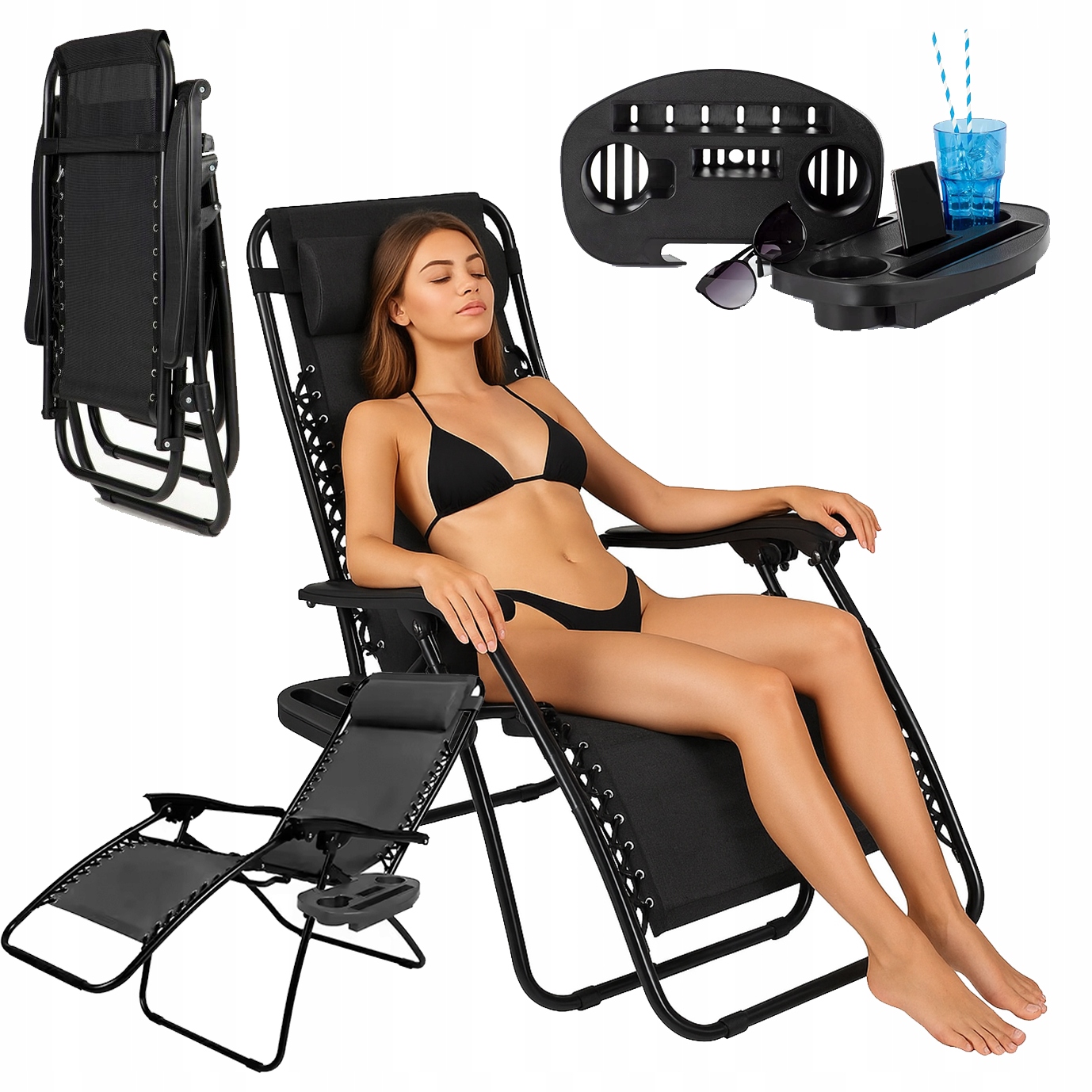 Leżak Fotel Ogrodowy Plażowy Składany Grawitacyjny Podstawka Poduszka 140KG