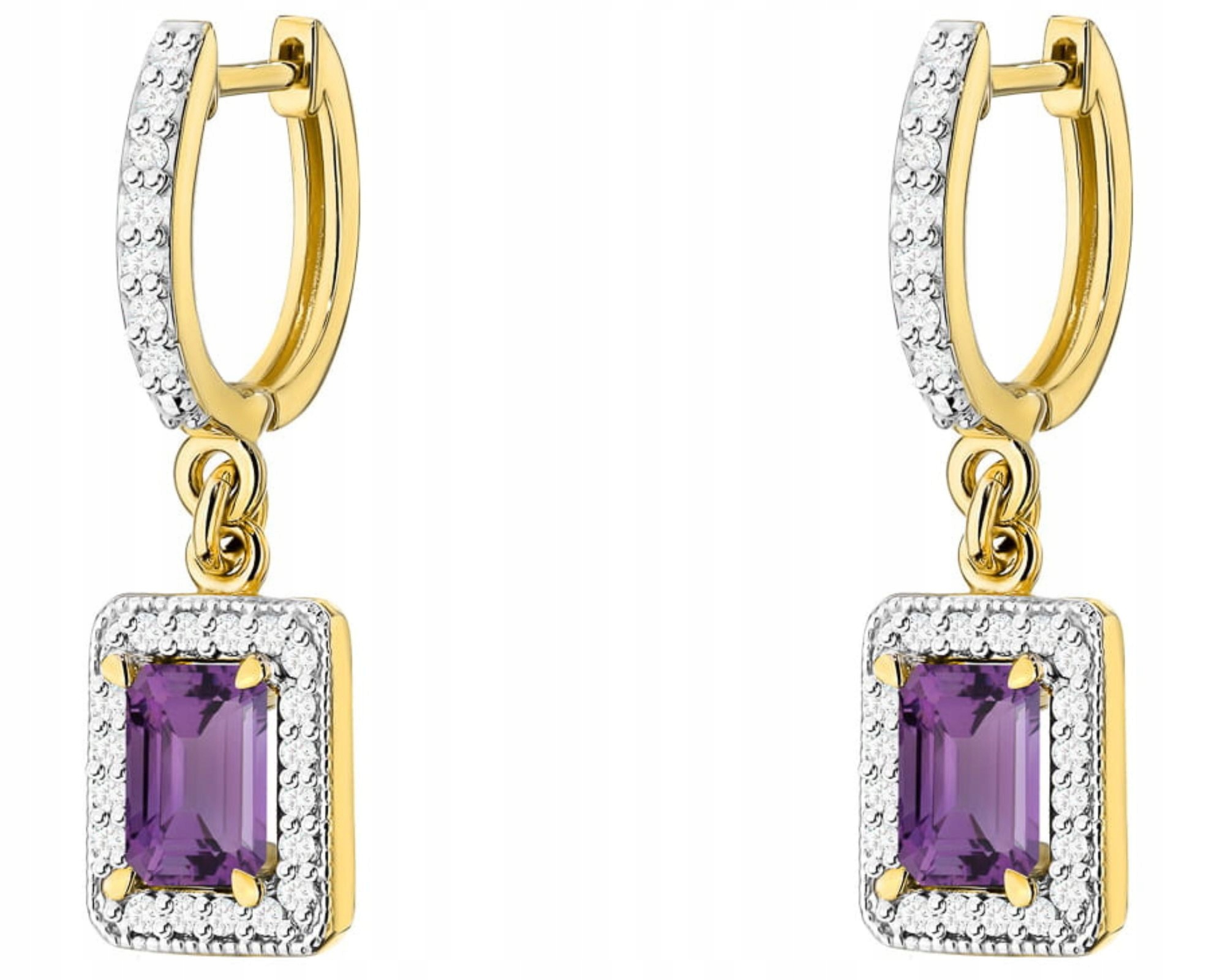 Zlaté Náušnice S Diamanty A Ametystem 585, Závěsný Dárek Pro Ženu