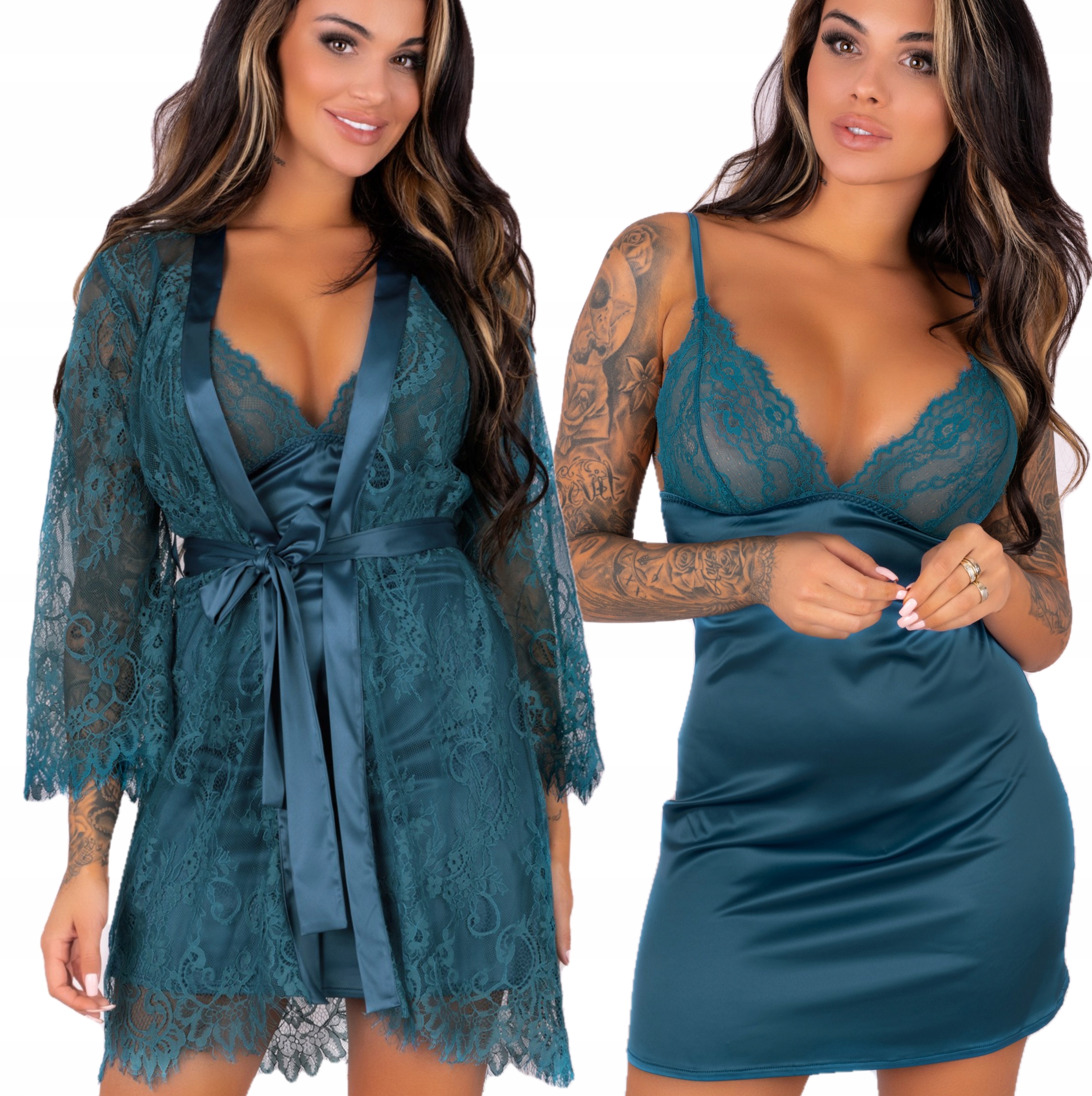 SEXY Komplet 2cz. Wiązany SZLAFROK koronkowy+KOSZULKA 36/38 Morska Zieleń