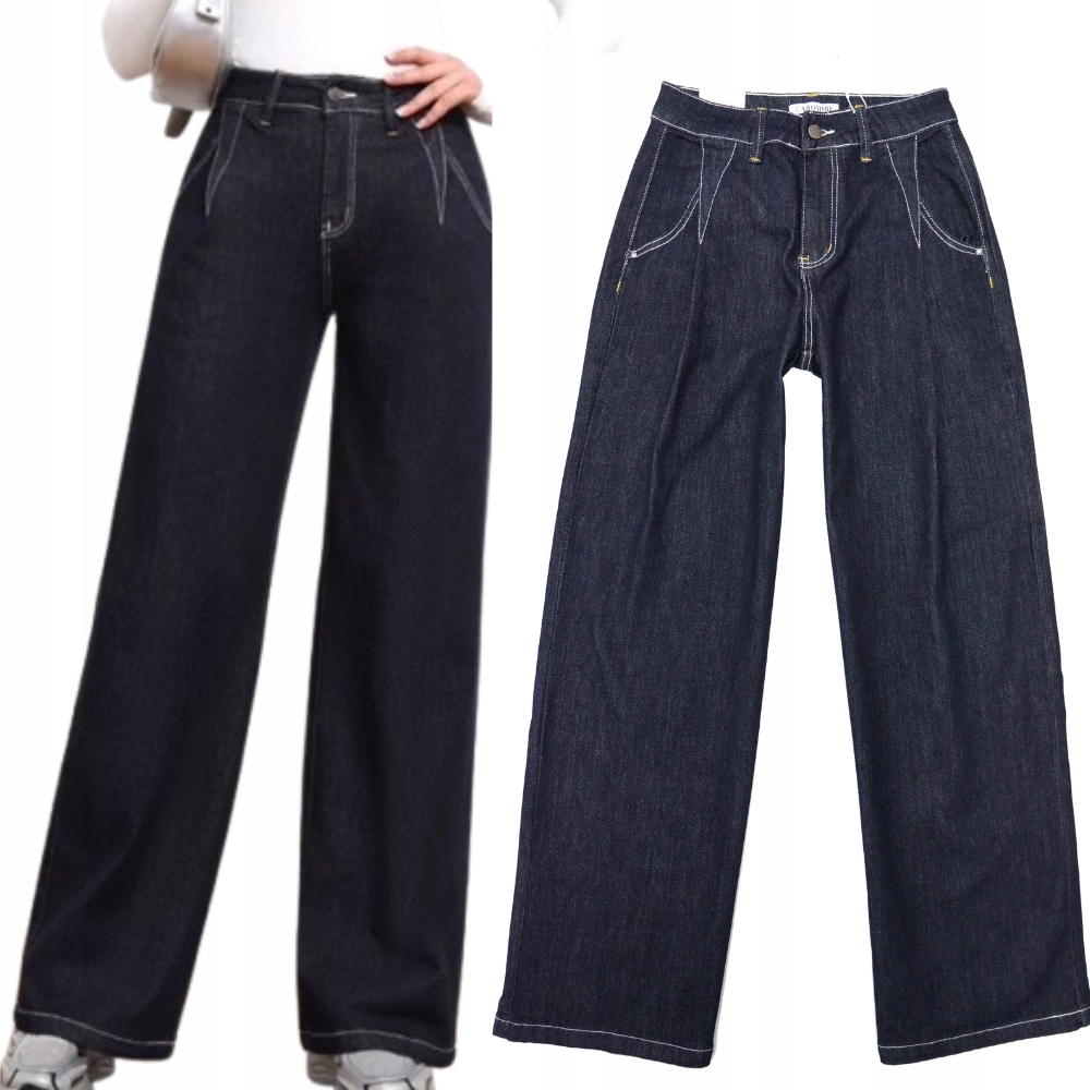 Džínové Kalhoty S Vysokým Pasem, Rovné, Široké Nohavice, Zajímavé Šití, Velikost 40 L