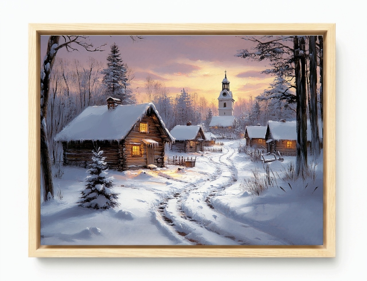 Obraz Rám Americký Box Krajina Vesnice Kostel Domy Zima Sníh 80x60
