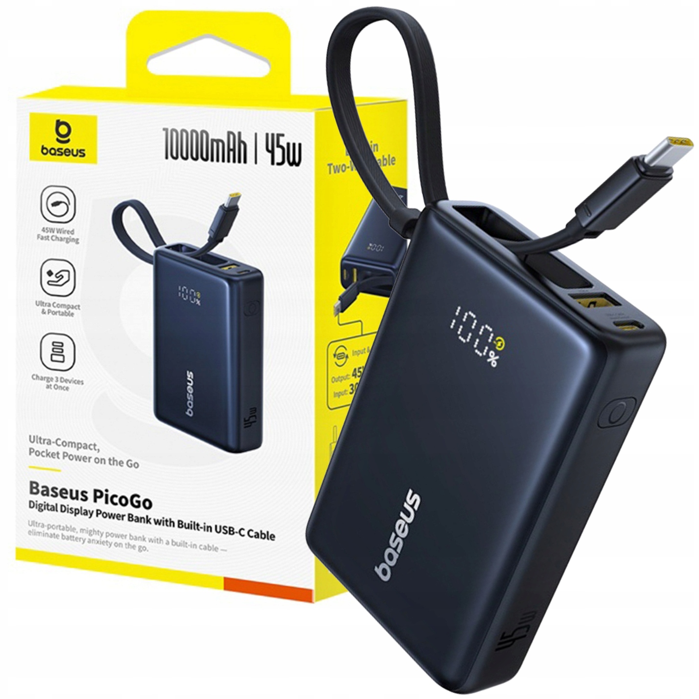 Rychlá Powerbanka 10000 mAh 45W Baseus Usb-a Usb-c Led Displej Kabel