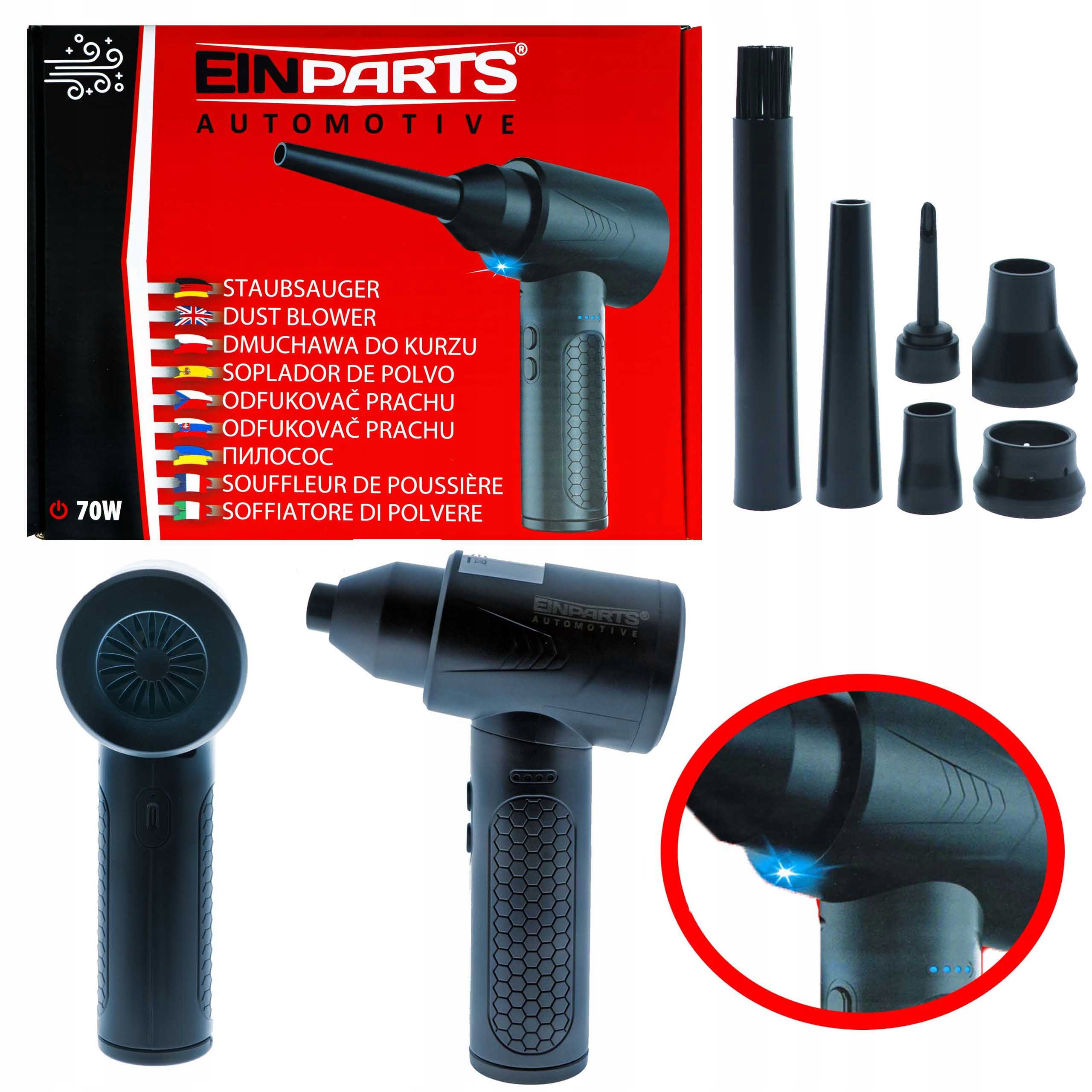 Akumulátorová Fúkačka Na Prach 70W 3 Režimy 6000 mAh 6 Nástavců Led