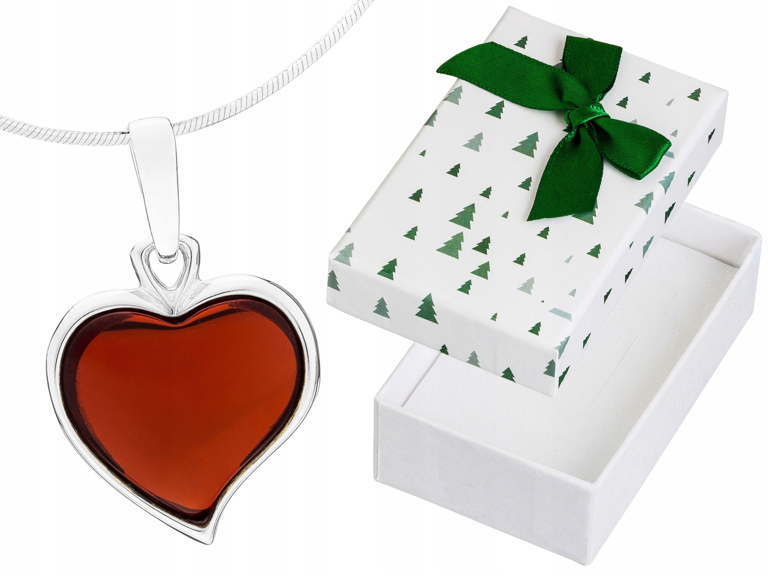 Dlouhý stříbrný dámský náhrdelník s třešňovým jantarem Srdce jantaru 55 cm