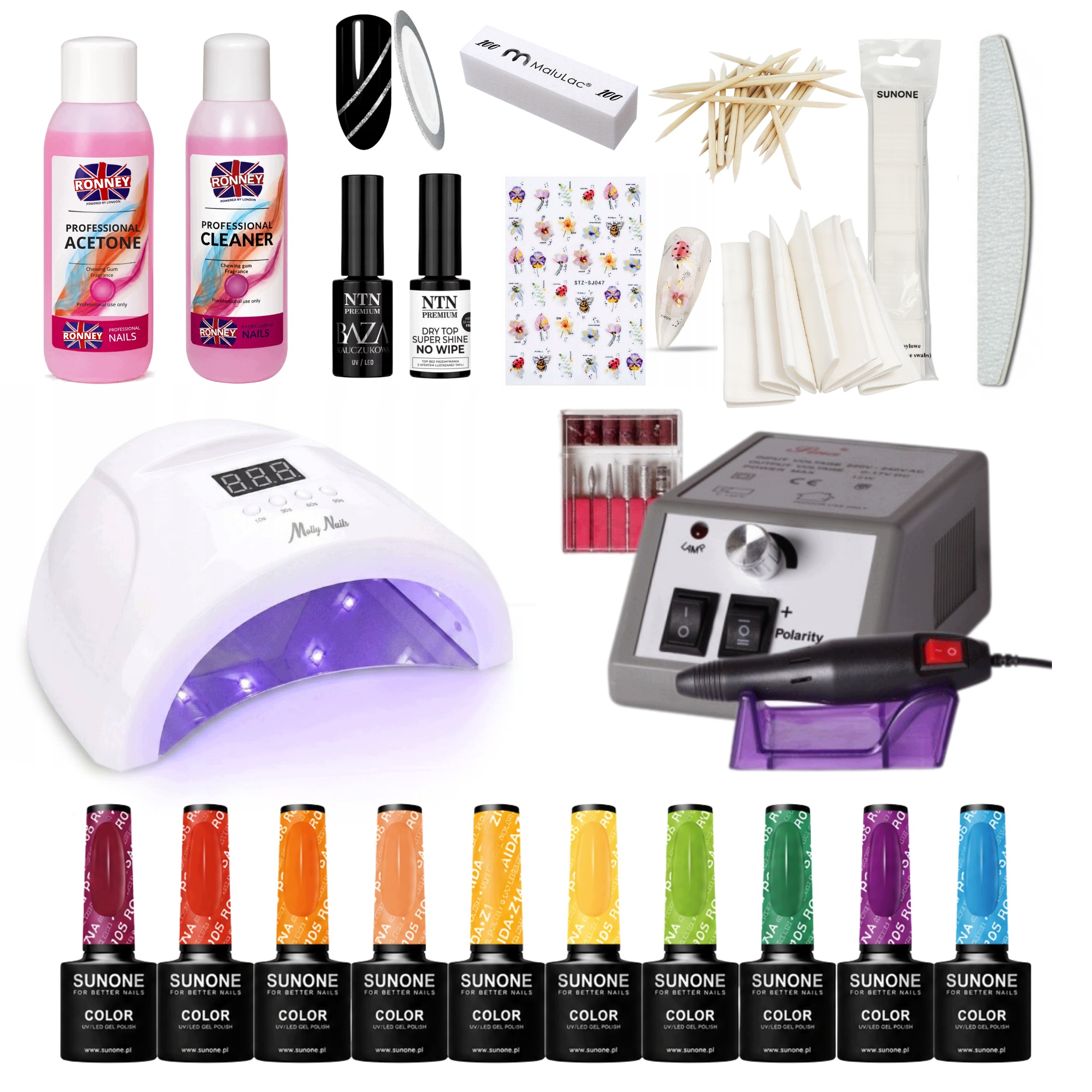 Zestaw do paznokci Sunone Lampa Frezarka 10xLakier hybrydowy Cleaner Aceton