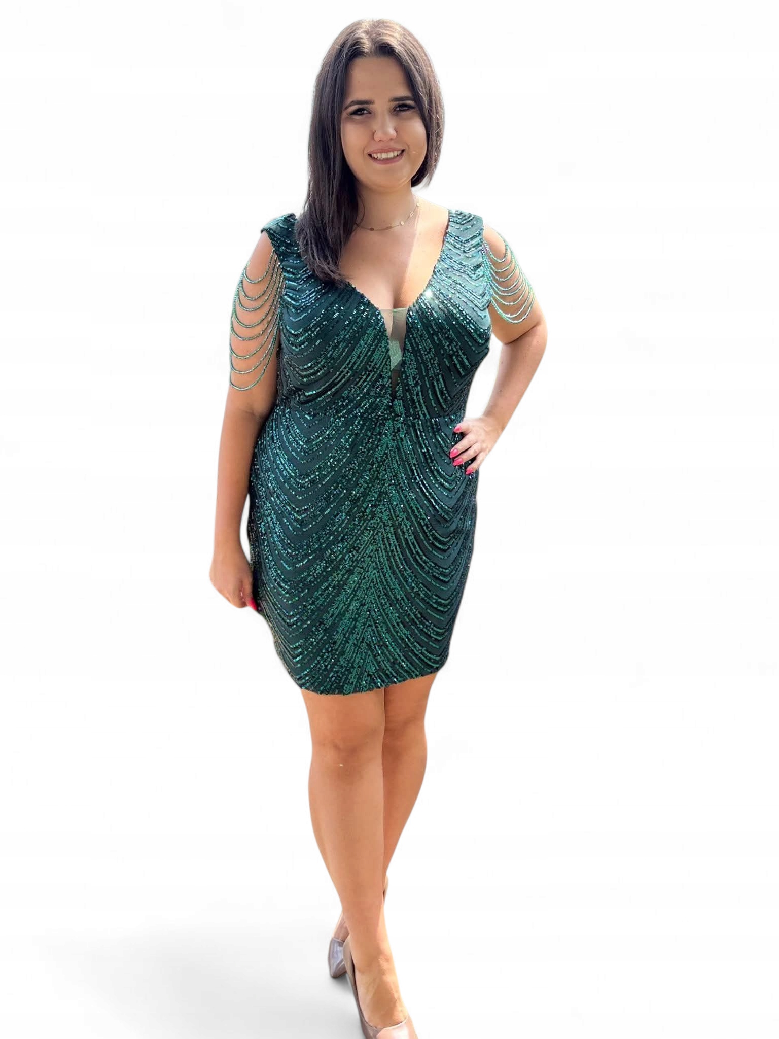 Exkluzivní šaty mini flitry zelené velikost XL