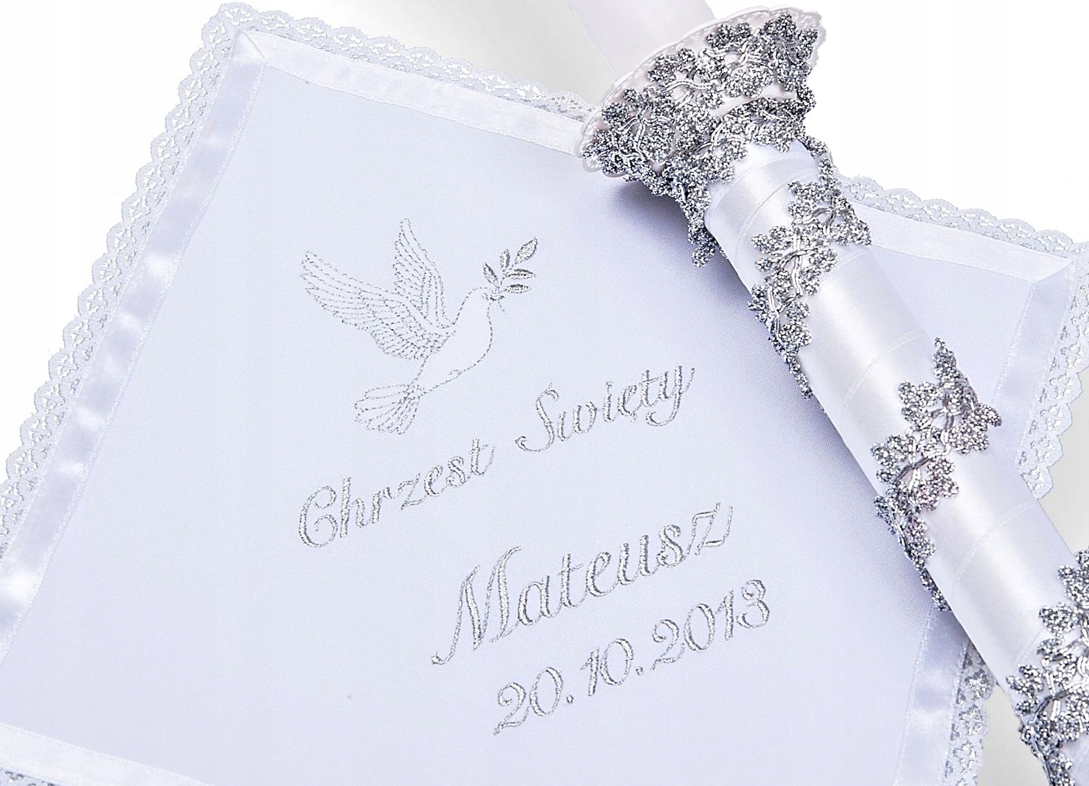 Świeca na Chrzest biała Szatka do chrztu komplet dla dziewczynki chłopca MS