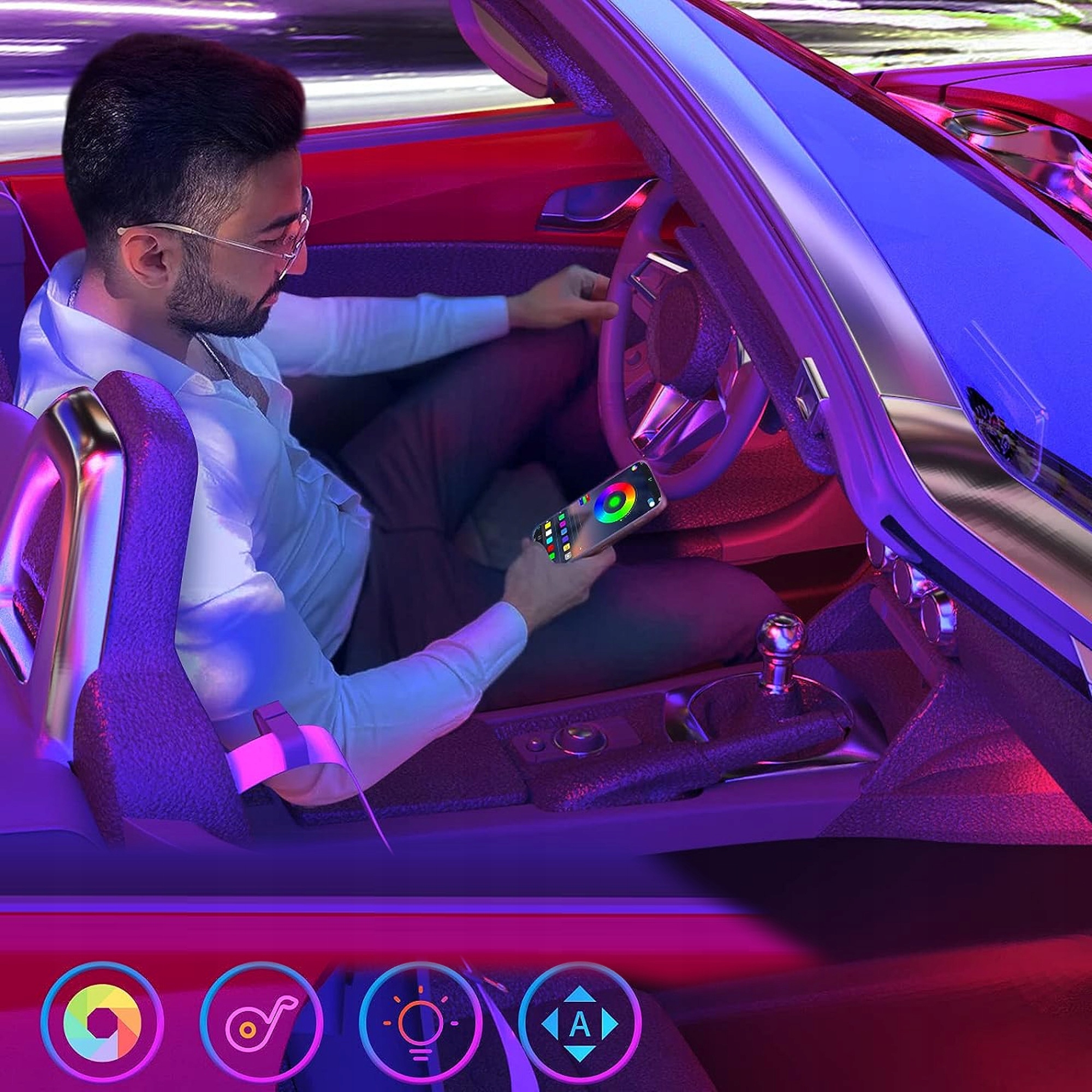 OŚWIETLENIE LED RGB WNĘTRZA AUTA KABINY SAMOCHODU LEDY + APLIKACJA TELEFON Producent inny