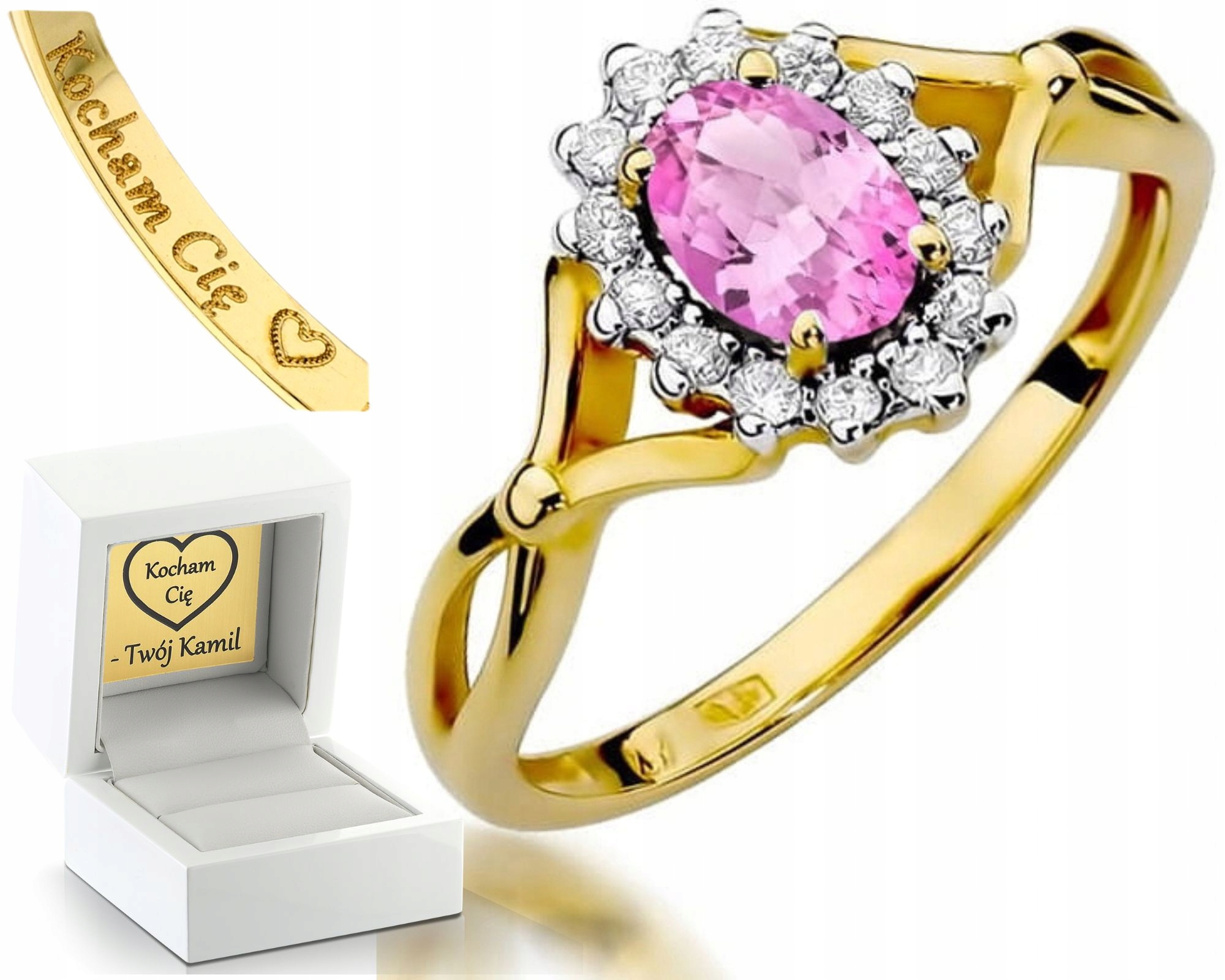 Zlatý Prstýnek Růžový Safír Brilianty Žluté Zlato 585 Gravírování Dárek