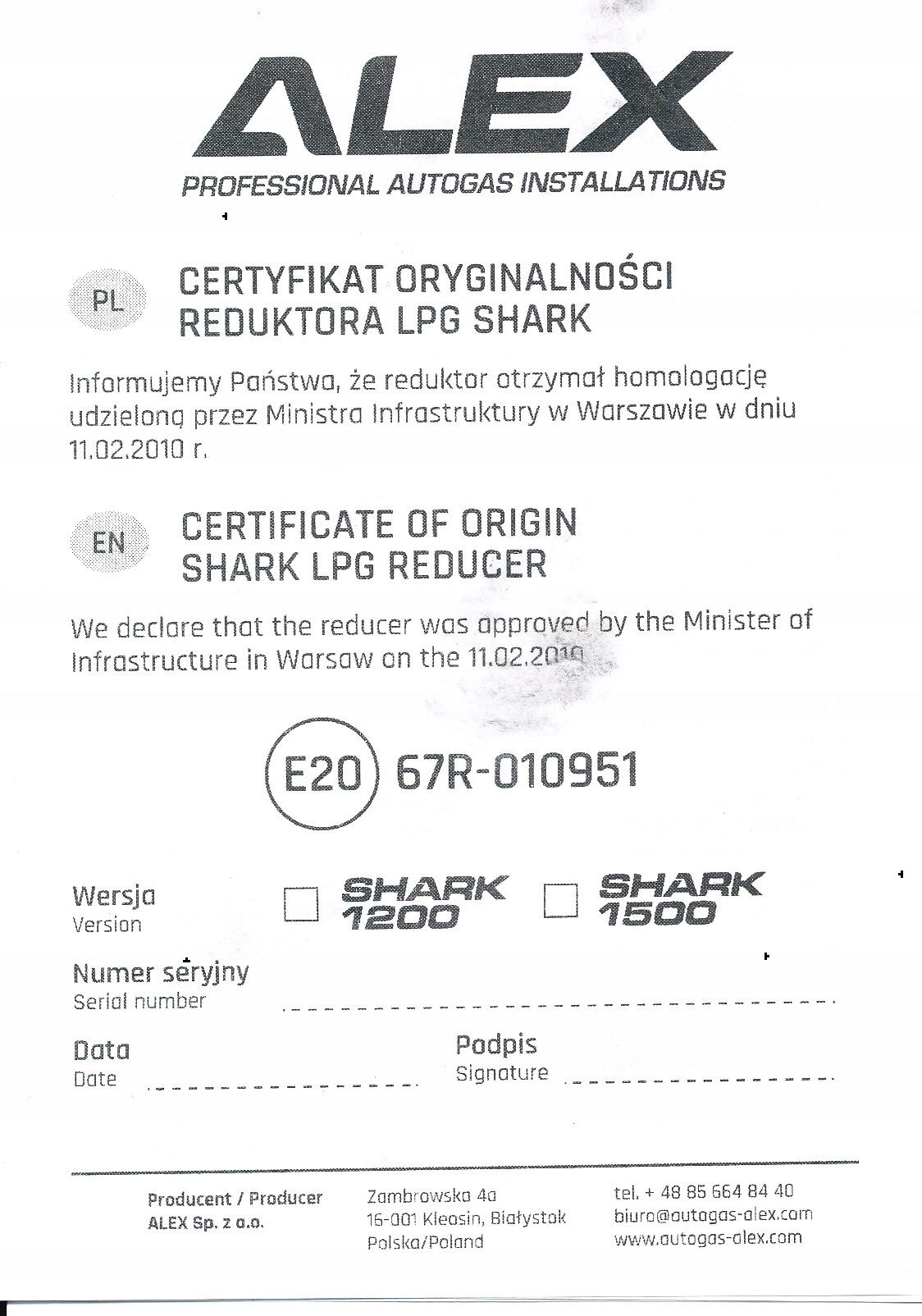 Reduktor ALEX SHARK 1500 mbar do 200 KM Part number C002 15 00 01 00