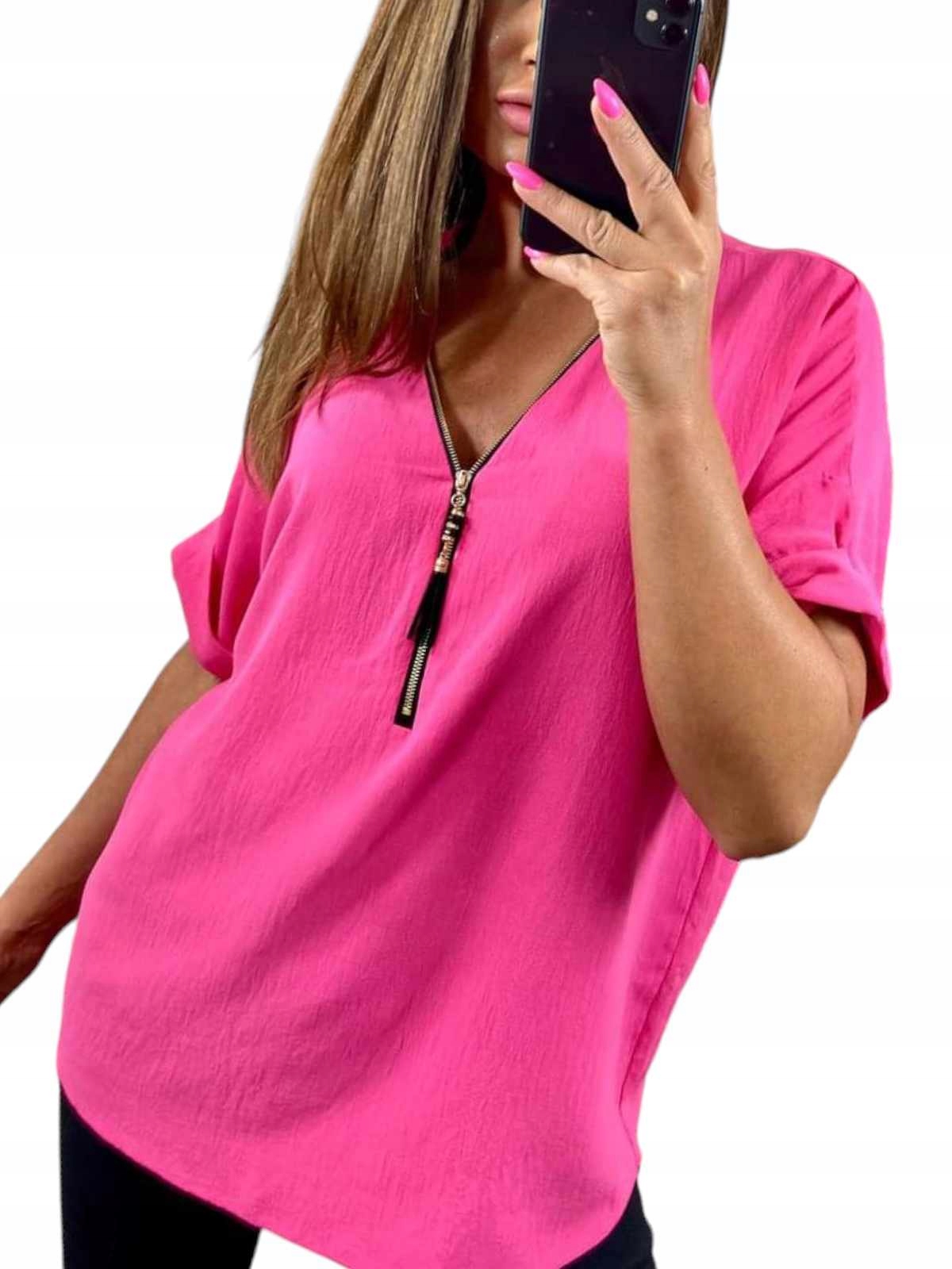 B1028 BLUZKA GŁADKA W SEREK ZIP KRÓTKI RĘKAW FUKSJA r. 52 (6XL)
