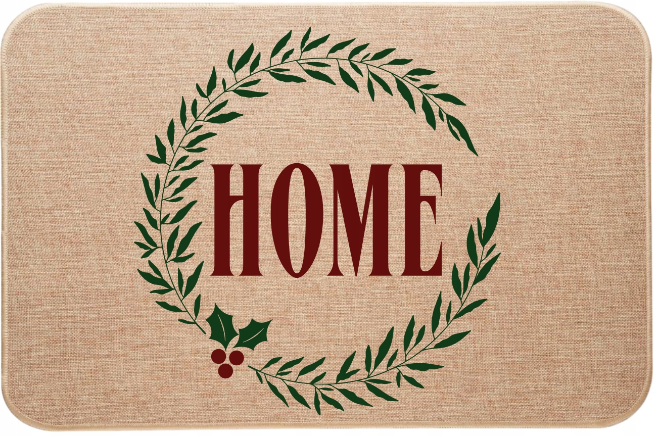 Vánoční lněná rohožka s ozdobným věncem a nápisem Home