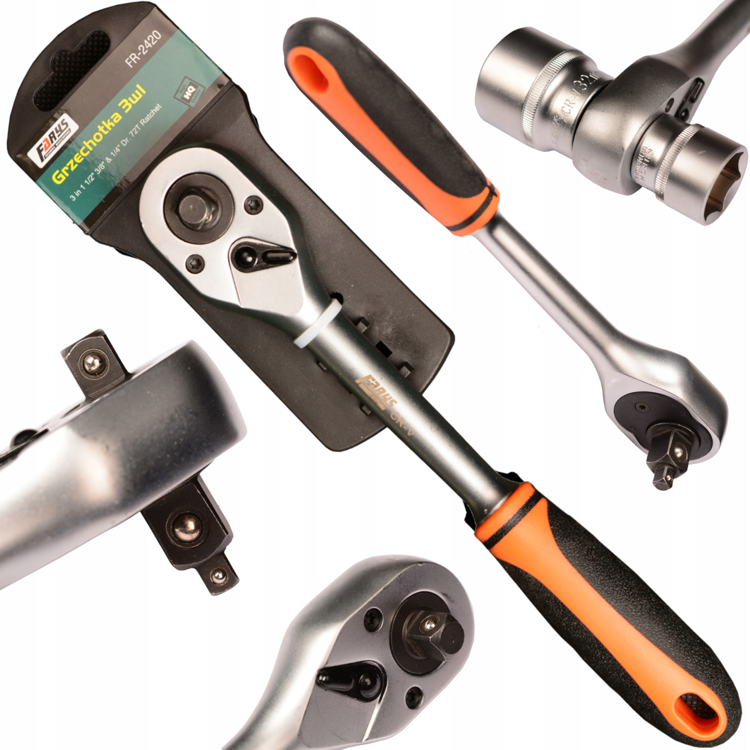 3w1Grzechotka 1/4' 3/8' 1/2' 250mm 72-Zęby Uniwersalna Mocna Farys FR2420