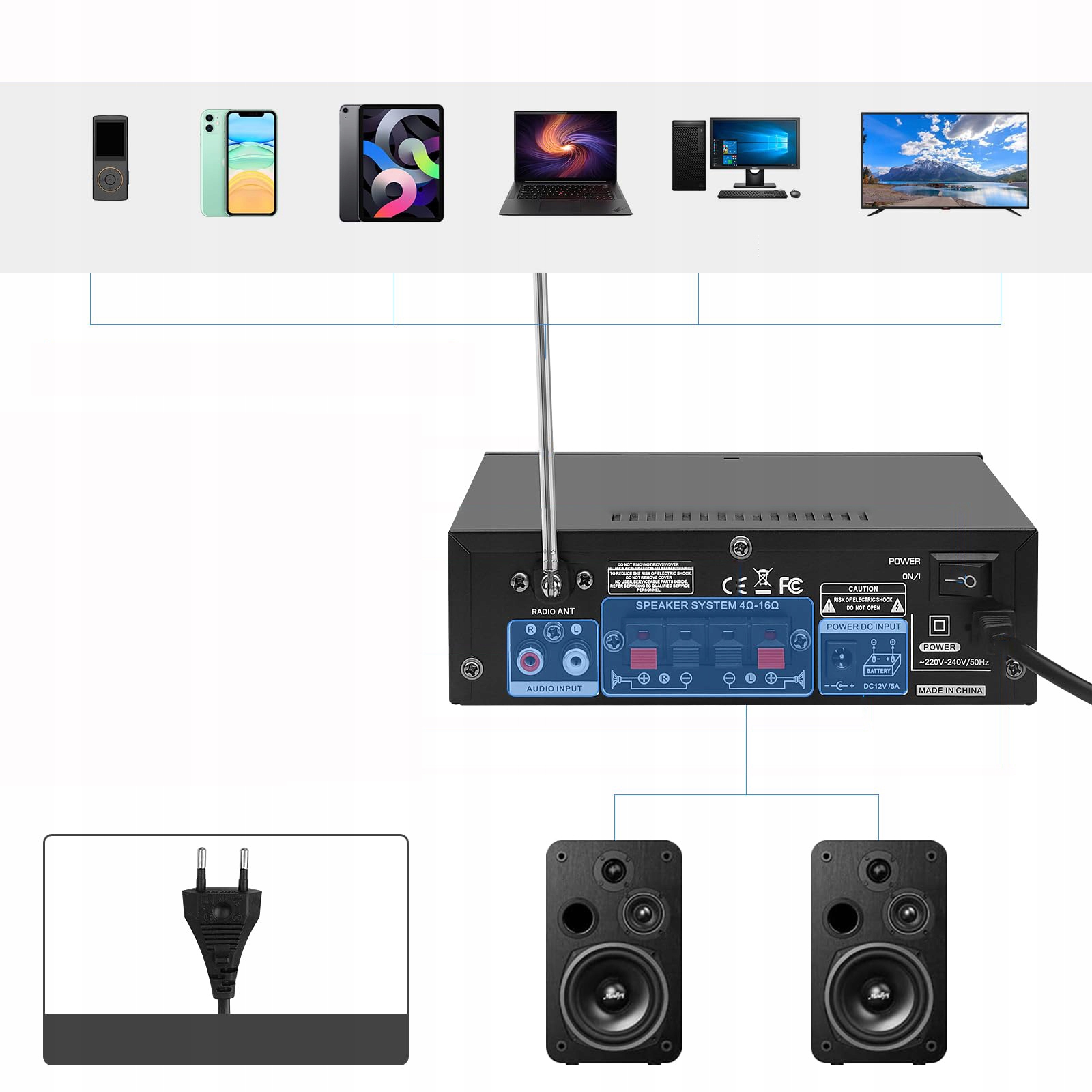 WZMACNIACZ STEREO HIFI KANAŁ 2.0 BLUETOOTH 5.0 Z ANTENĄ Z RADIO FM 50W Głębokość produktu 11.6 cm