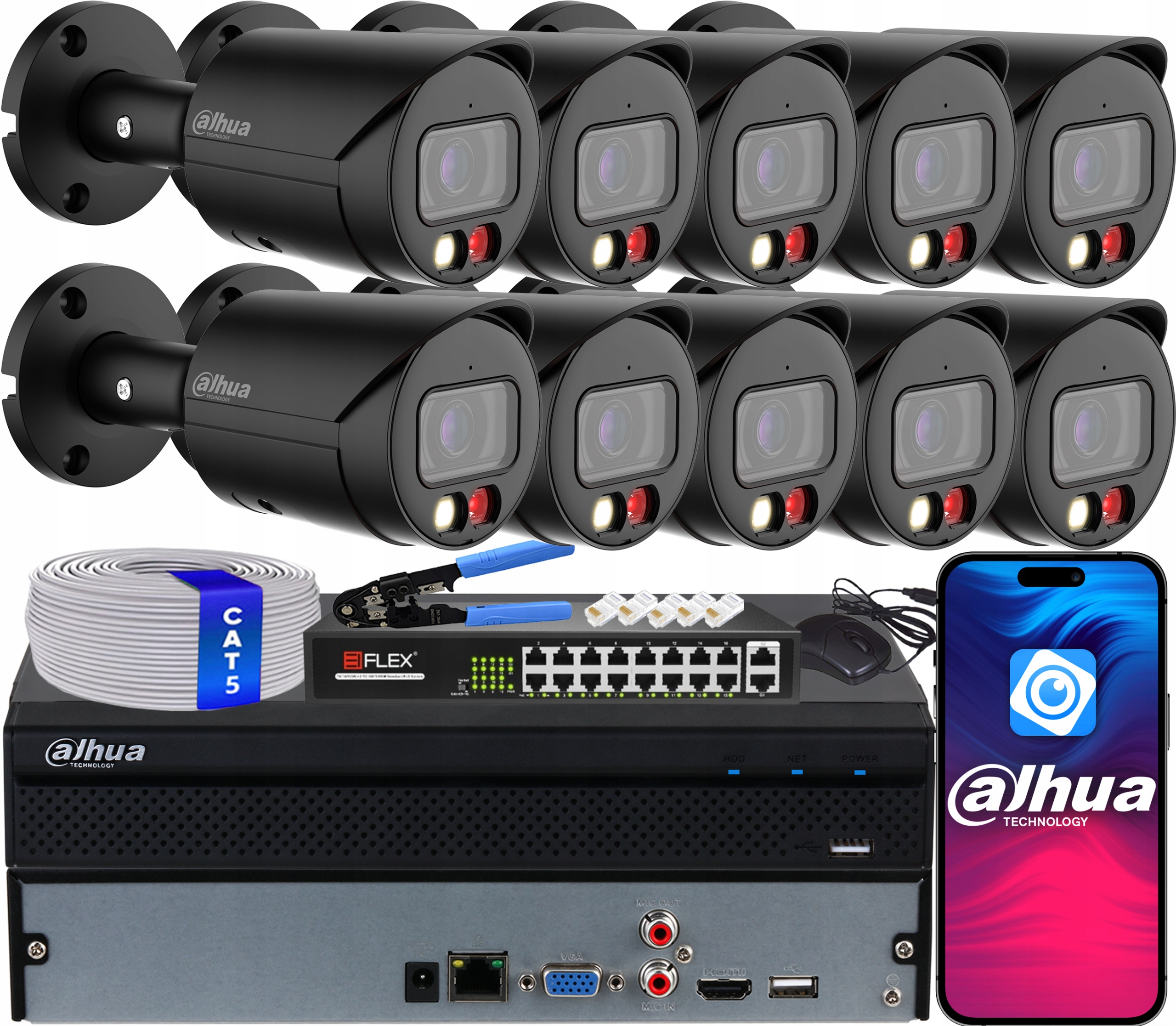 Ip monitorovací sada 10x IPC-HFW2849S-S-IL-0280B-BLACK Kamer 8Mpx Dahua