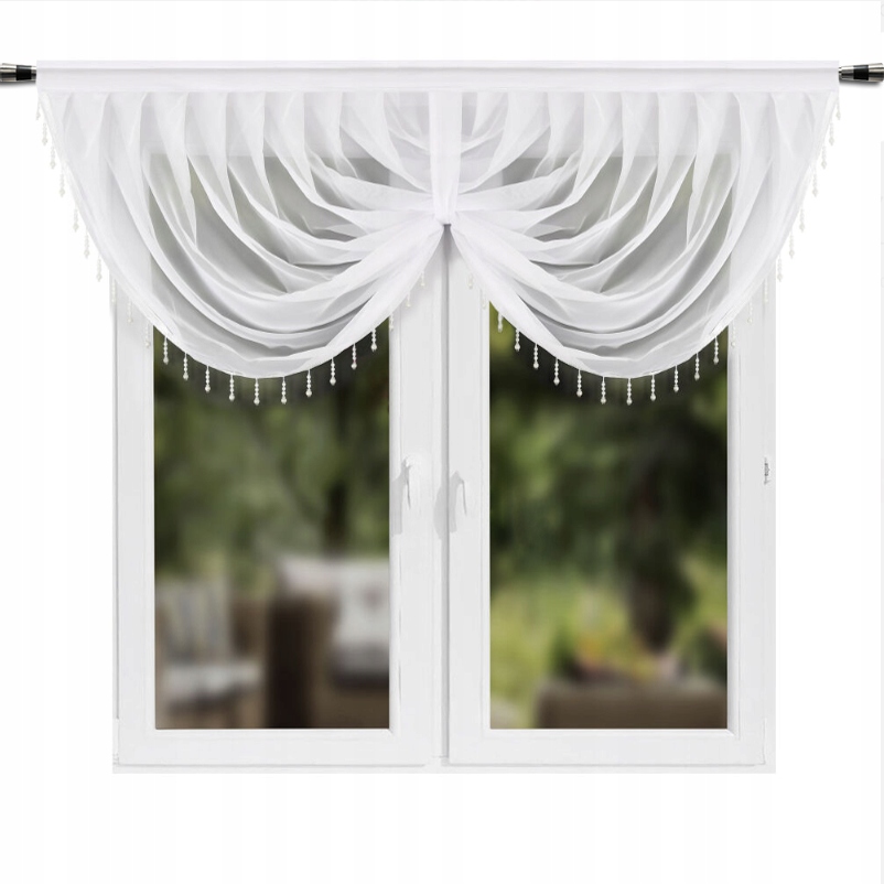 Hotové Záclony s Korálky 200 x 80 Voál Záložky Lambrekýn Krátká Bílá