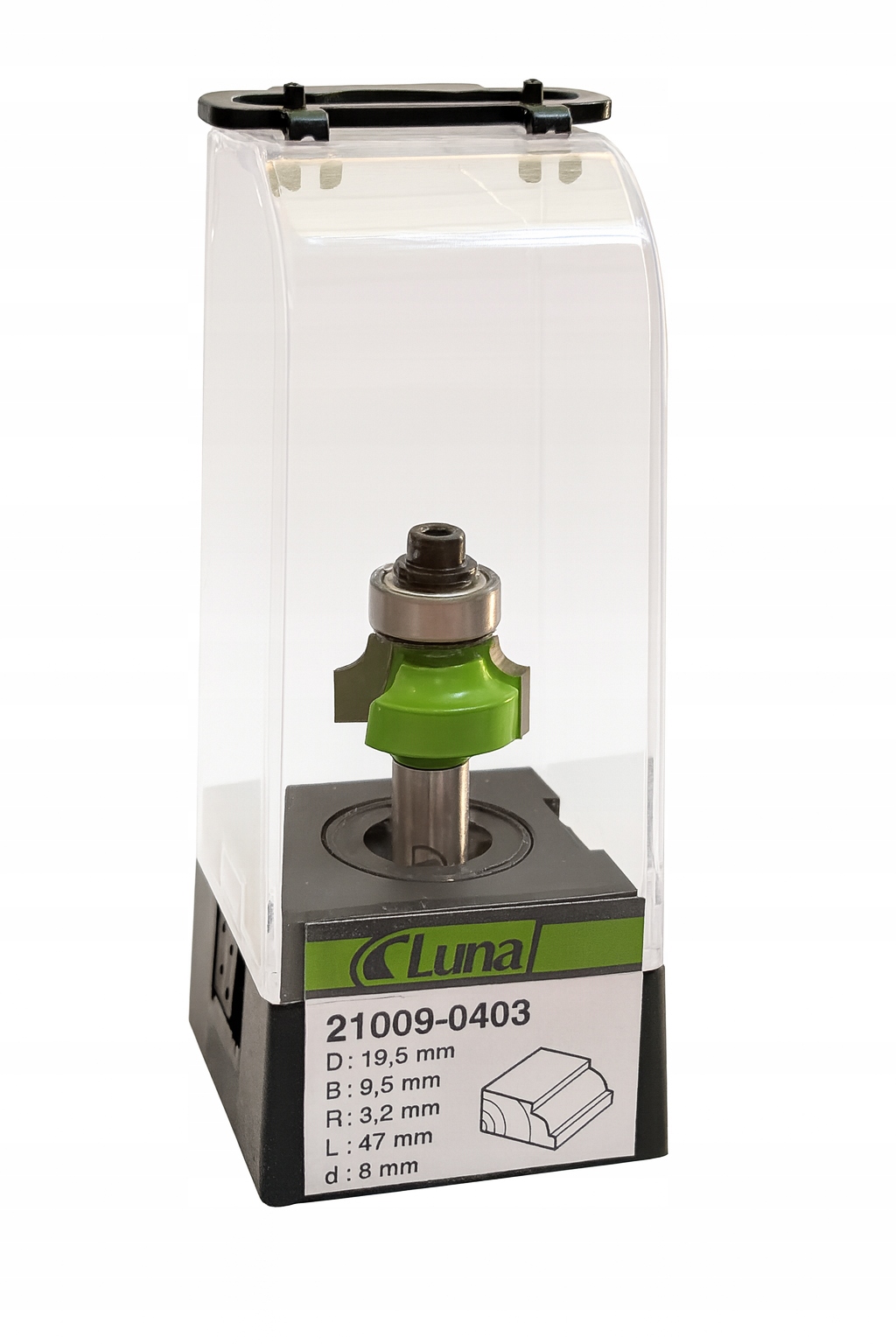 Zaoblovací fréza 19,5 mm H9,5 mm R3,2 mm délka47 mm stopka 8 mm s ložiskem Luna