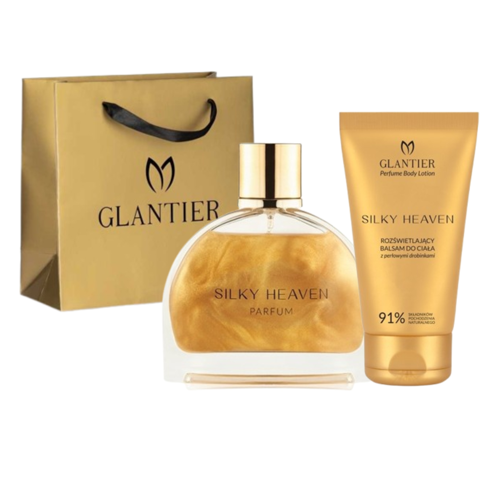 Dárková Sada Glantier – Parfém Silky Heaven Balzám Zlatá taška