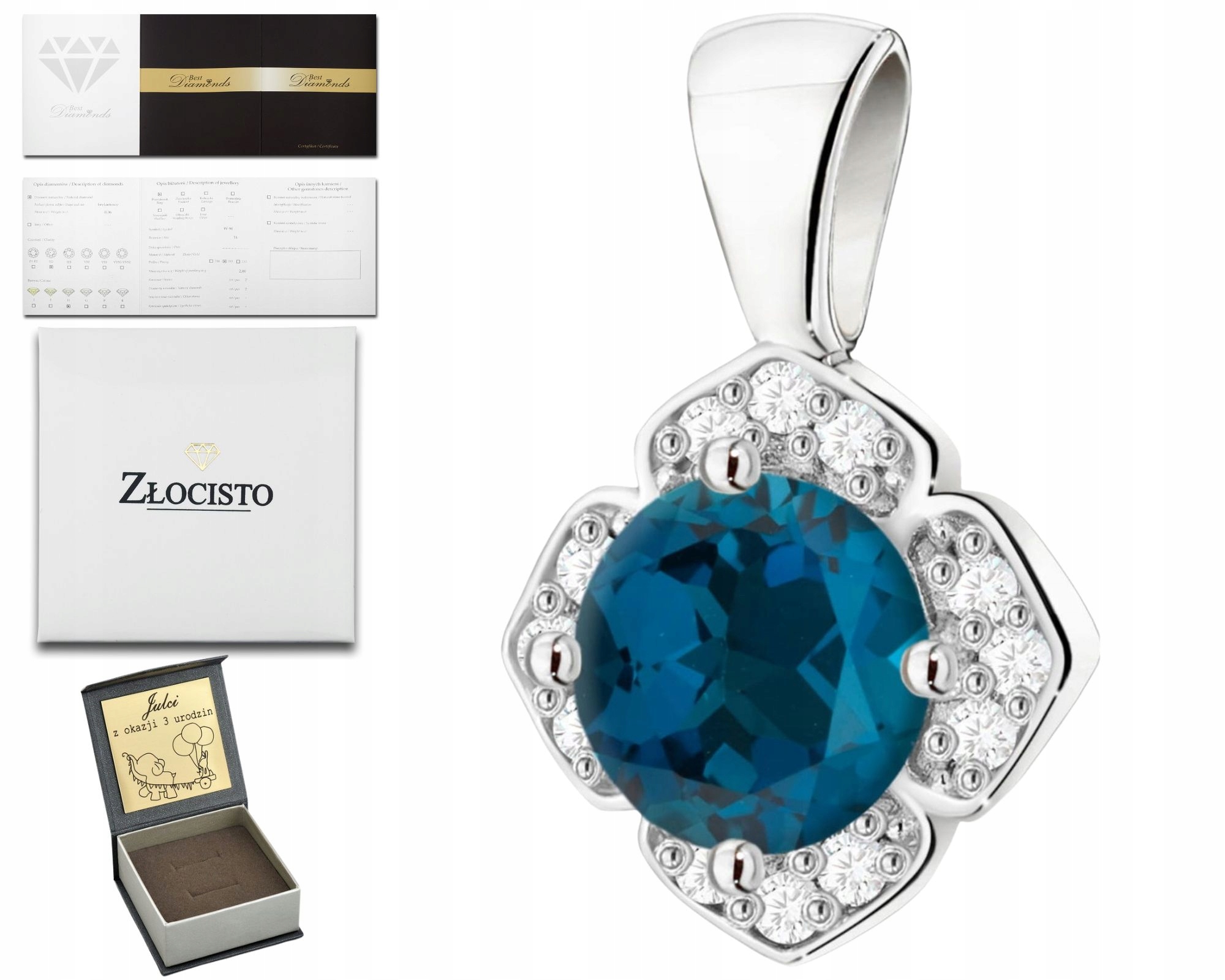 Bílé Zlato Přívěsek Přívěsek Přírodní Kámen Topaz London Blue Diamanty