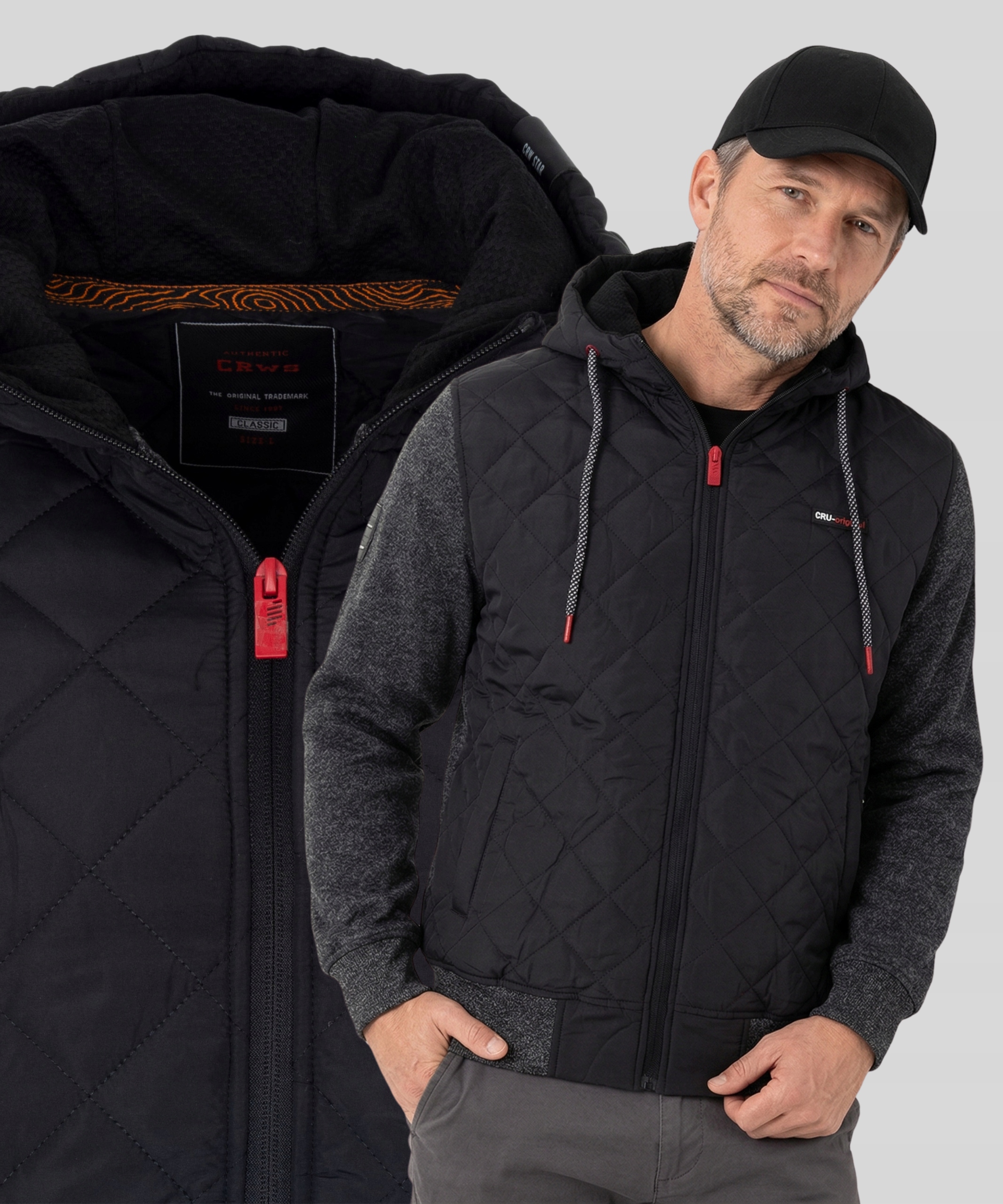 Bluza Męska Rozpinana Szara Z Czarnym Pikowana Z Kapturem Bawełniana M