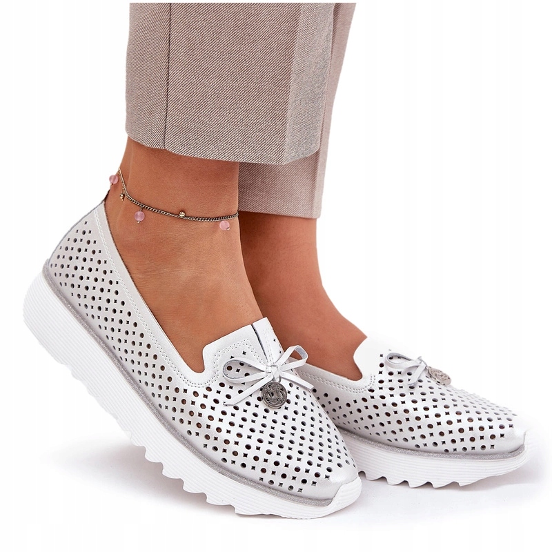 Dámské Polobotky Ažurové Lehké Pohodlné Kožené D&a LR51-631 Stříbrné 37