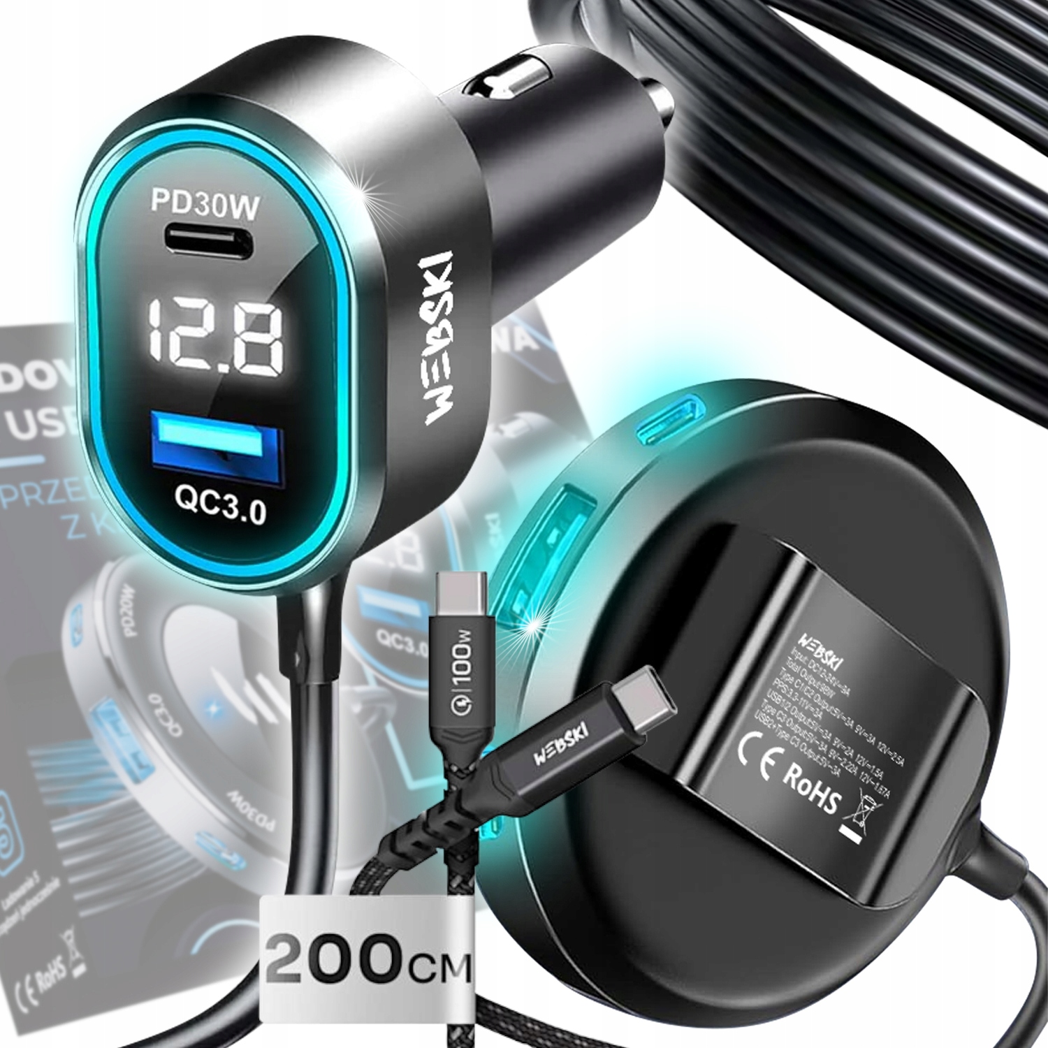 Automobilová Klip Na Křeslo 98W 2xUSB 3xUSB-C LCD Kabel 200CM