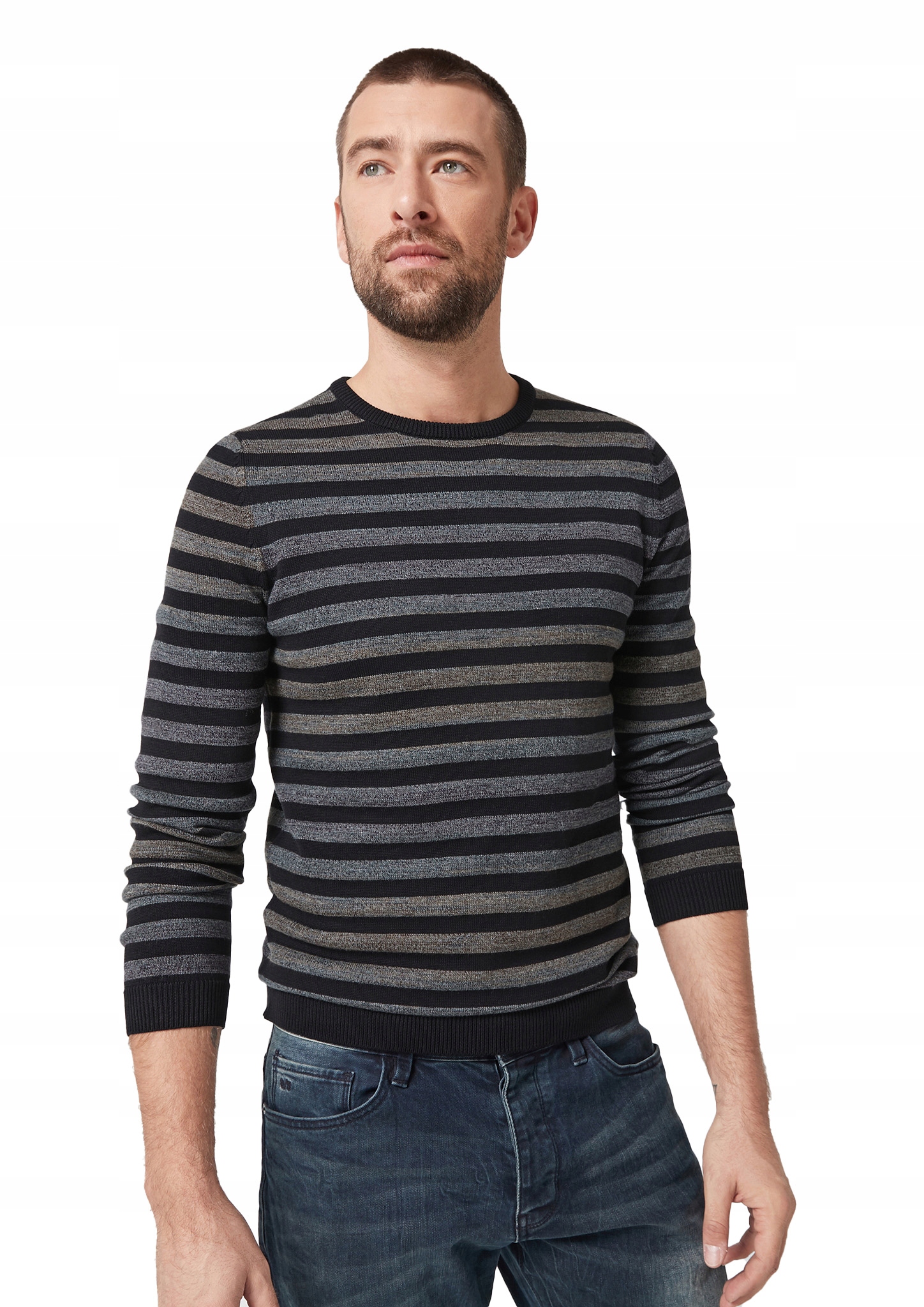 Sweter męski s.Oliver szary paski - M Dekolt okrągły