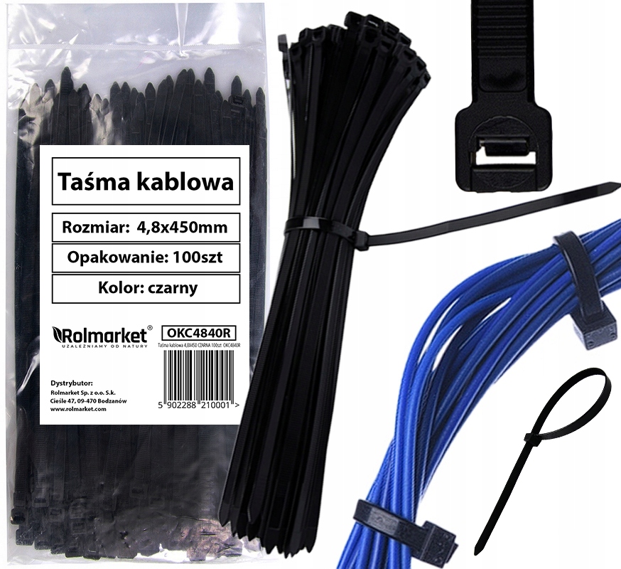 Taśmy kablowe zaciskowe opaski taśma kablowa czarne 4,8x450mm 100szt