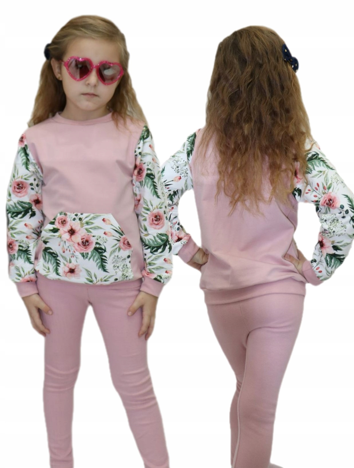 Różowy Kwiaty komplet 92 bluza legginsy zestaw