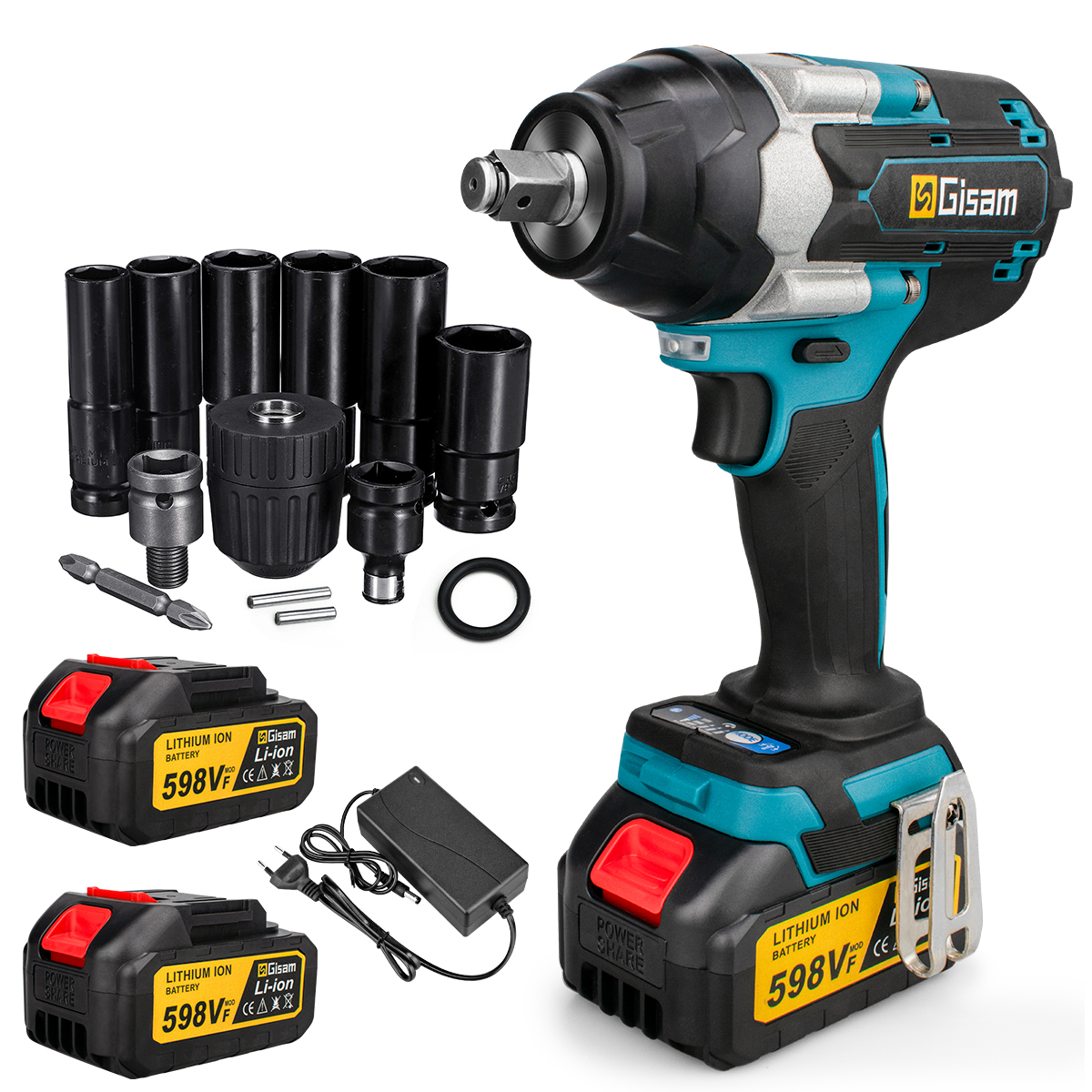 Bezuhlíkový Rázový Utahovač 1800 Nm! Nabíjecí Kola 20V 2X3.0AH, Nástrčky