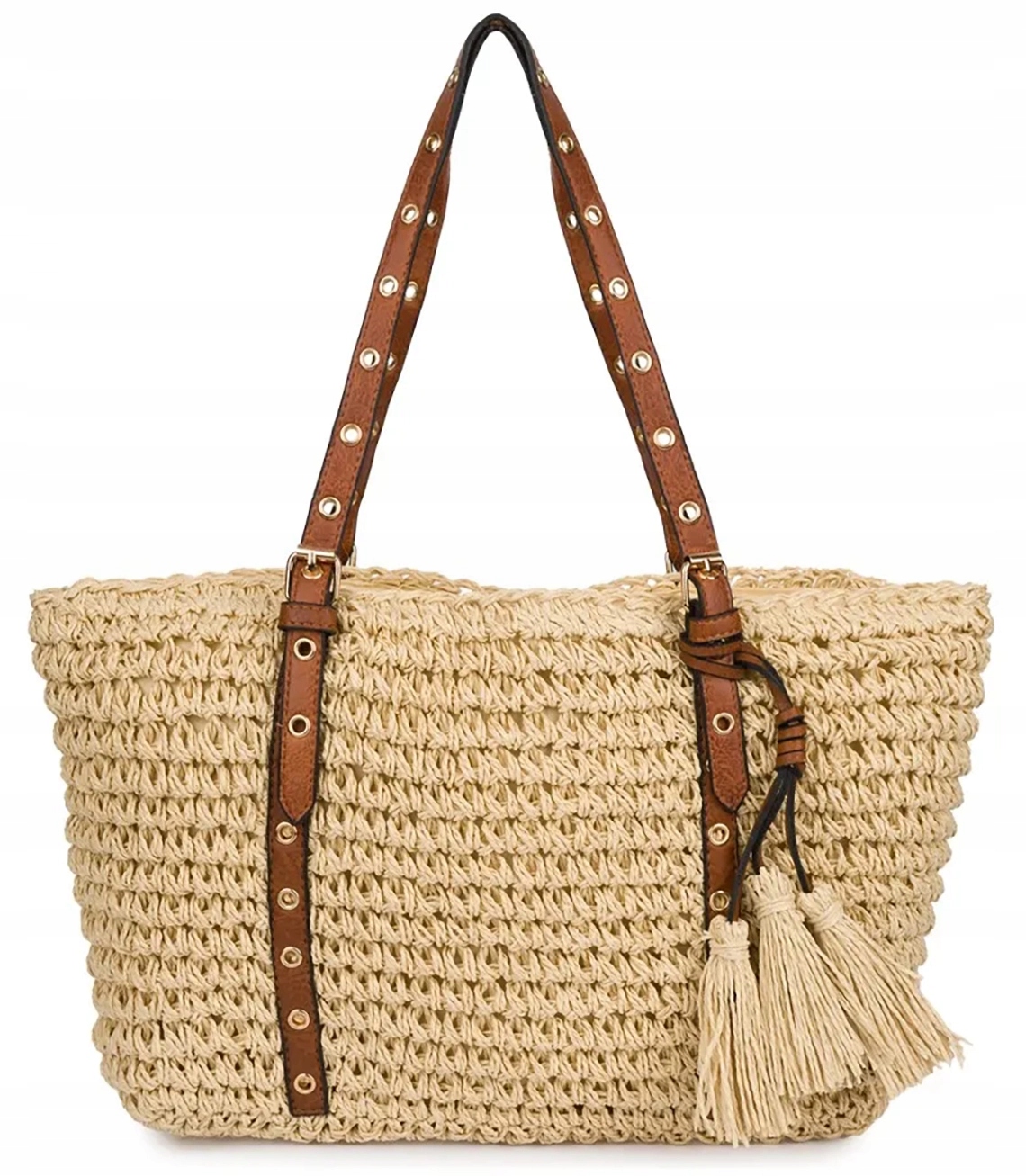 Boho dámská pletená kabelka s třásněmi a páskem z eko-kůže unisize