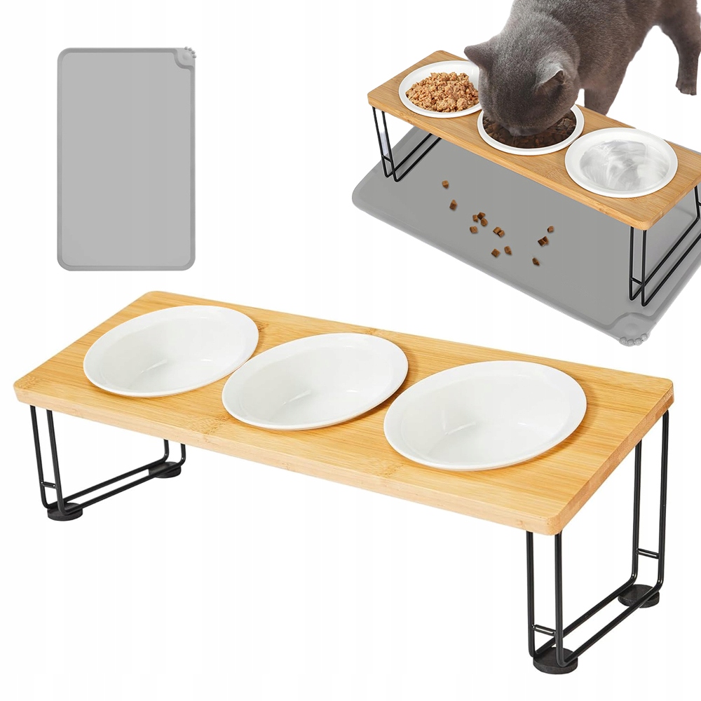 Levně Miska Pro Kočky Psa 3 Keramická Na bambusOVÉM Stojanu Misky Vyvýšená Sada