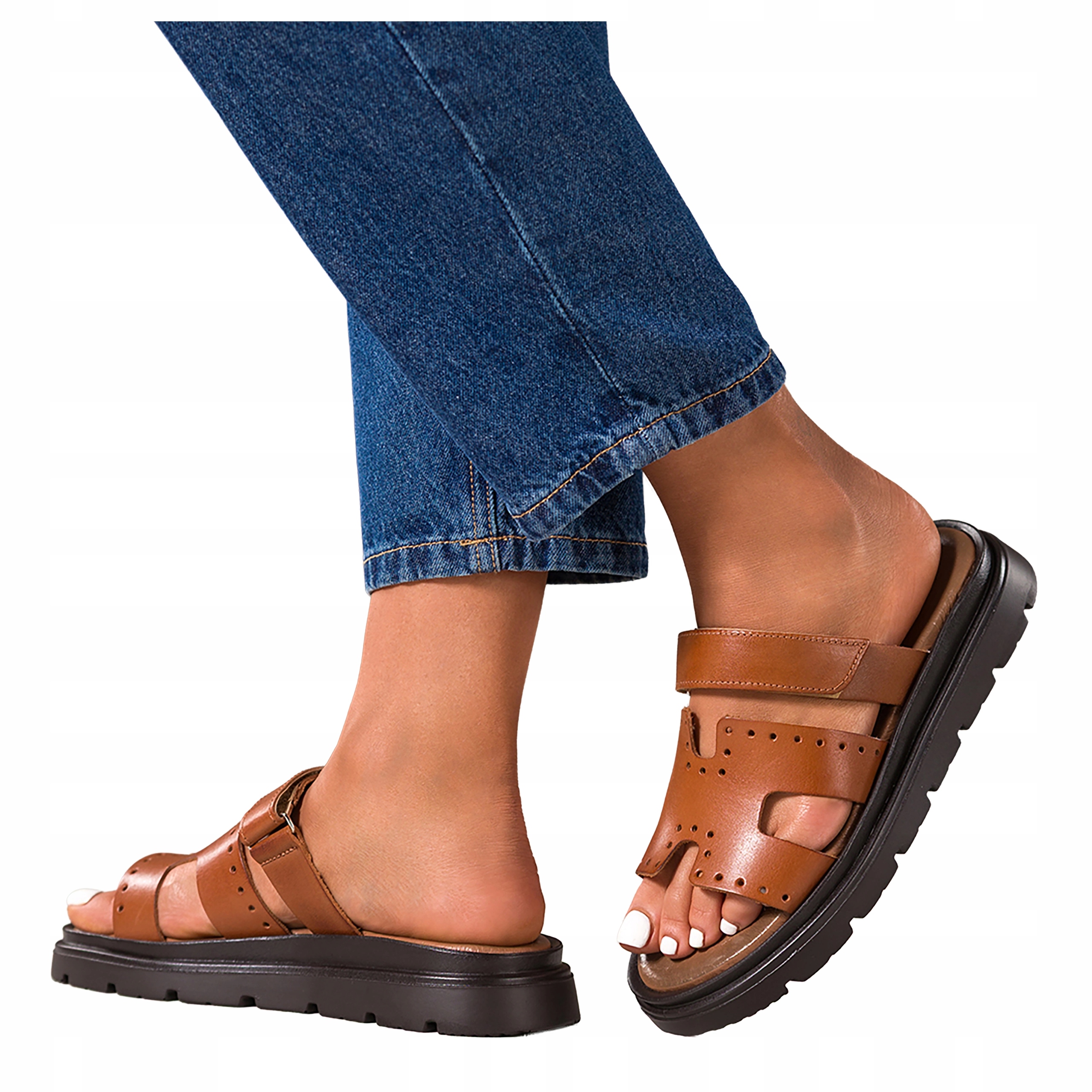 Nazouváky Hnědé Dámské Kožené Na Platformě Pásek Na Suchý Zip Pohodlné vel 40