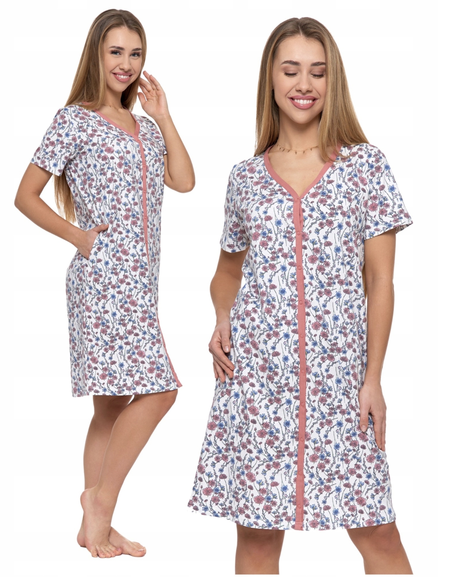 KOSZULA NOCNA DAMSKA BAWEŁNIANA ROZPINANA W KWIATY ELEGANCKA MORAJ L