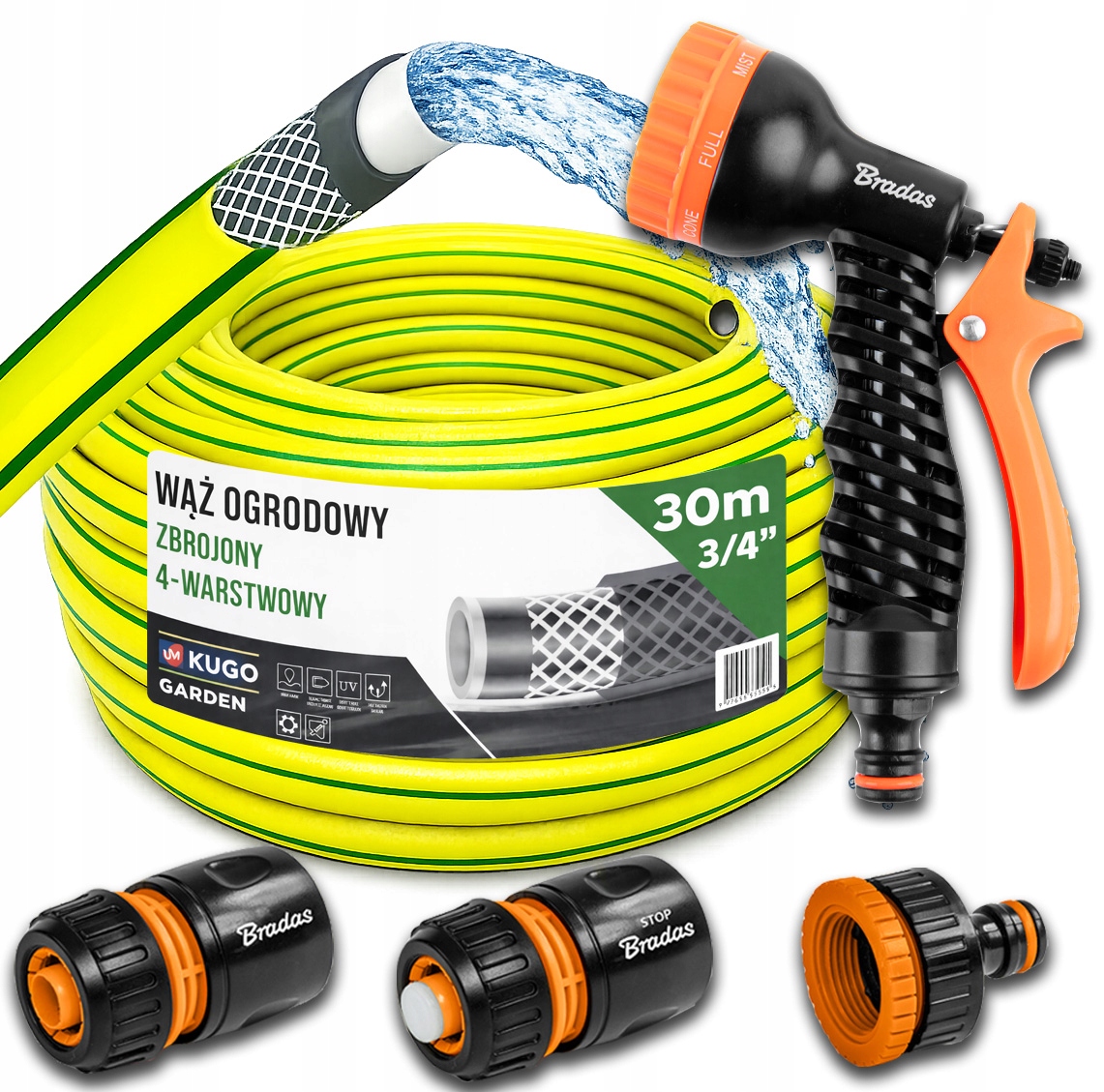 Hadice 3/4" 30 m 4 Vrstvy Pistole Spojky Set Bradas