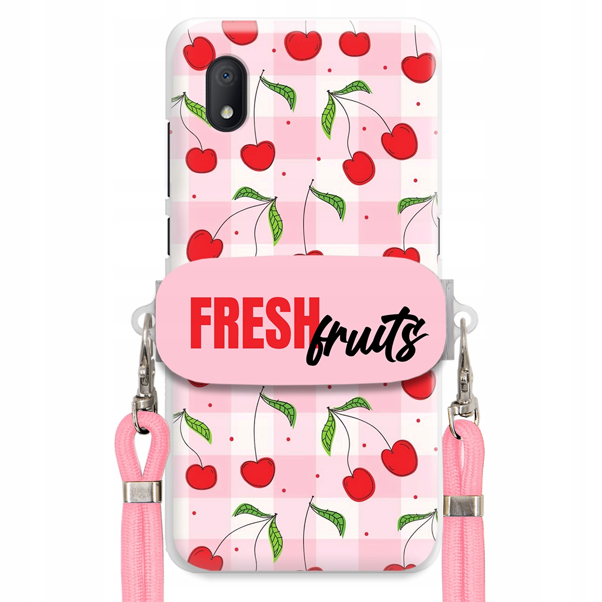 Puzdro pre Samsung A15 5G Case držiak na šnúrku Ružový Fresh Fruits Mriežka