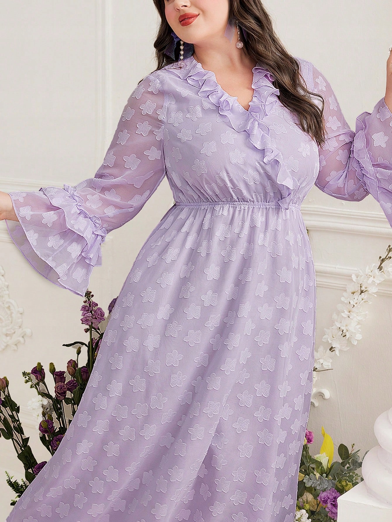 Šaty Elegantní Žakárové Maxi Rozevřené S Volánky Shein 3XL 46