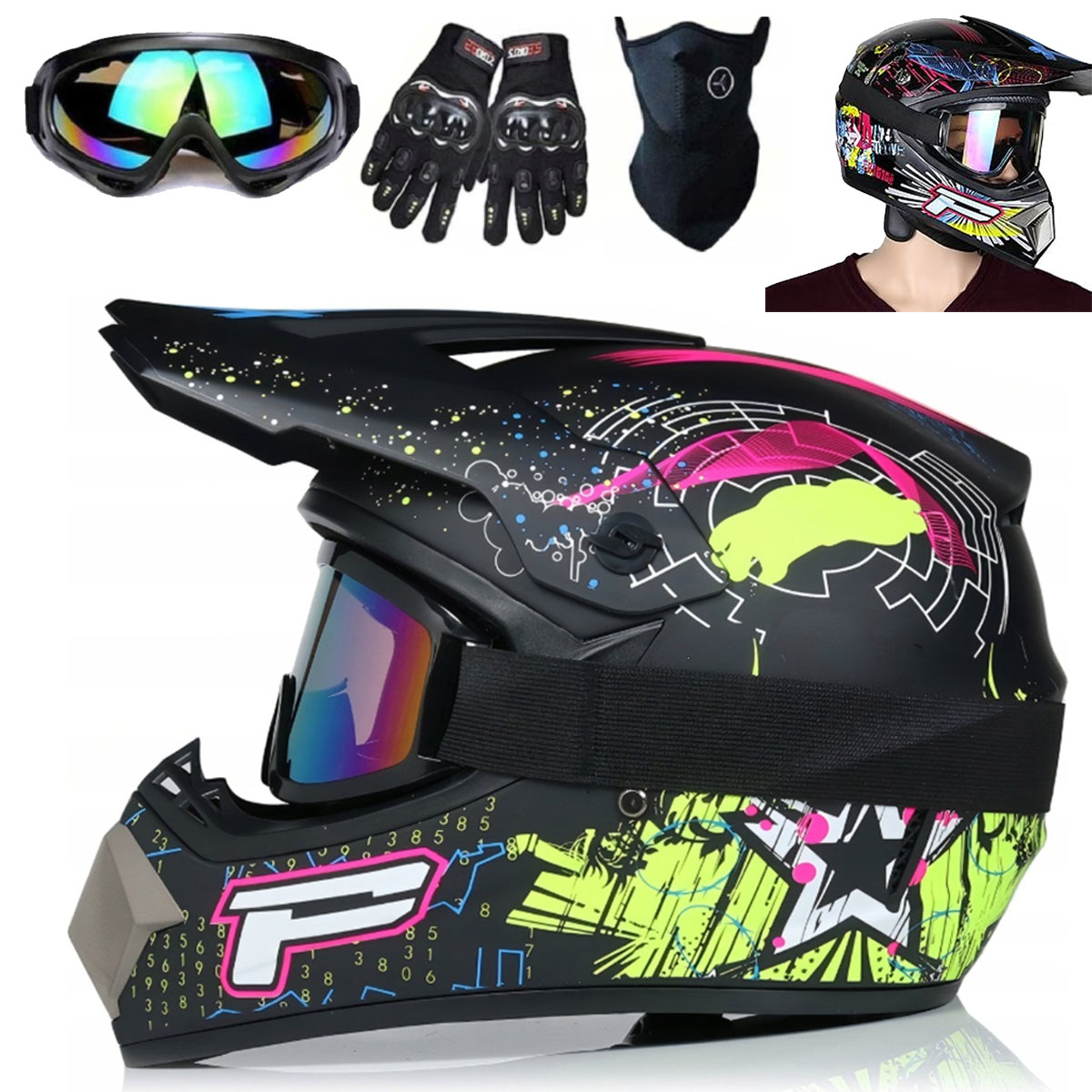 Lekki Kask Integralny XL Z Wyposażeniem: Gogle, Rękawice, Maska Enduro, XL