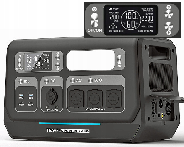 Stacja Zasilania Powerbox 4800 2400W 2048WH LIFEPO4 Ups 230V Sinus Led LCD