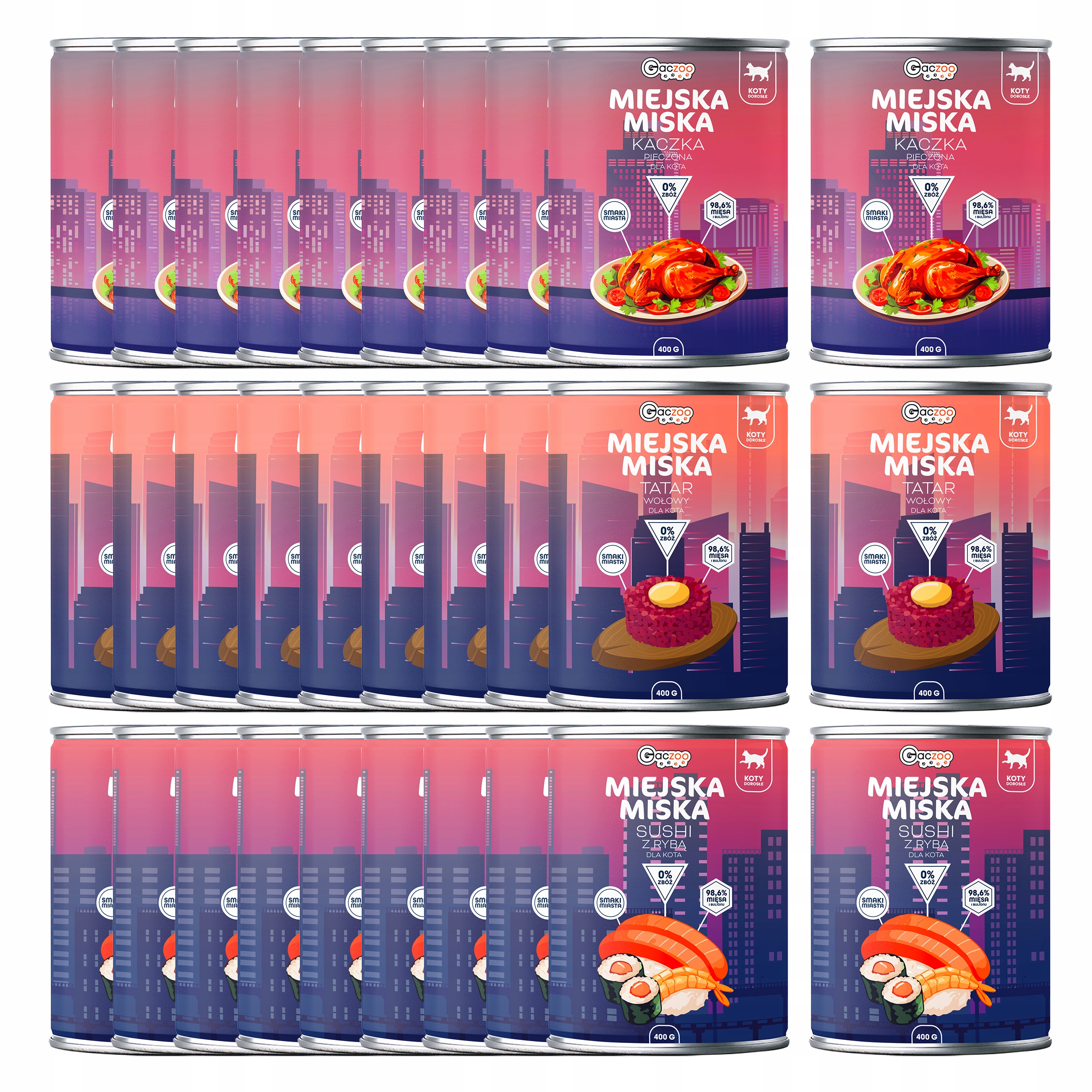 Levně Gaczoo Městská miska bez obilovin krmivo mokré pro kočky mix chutí 30 x 400 g