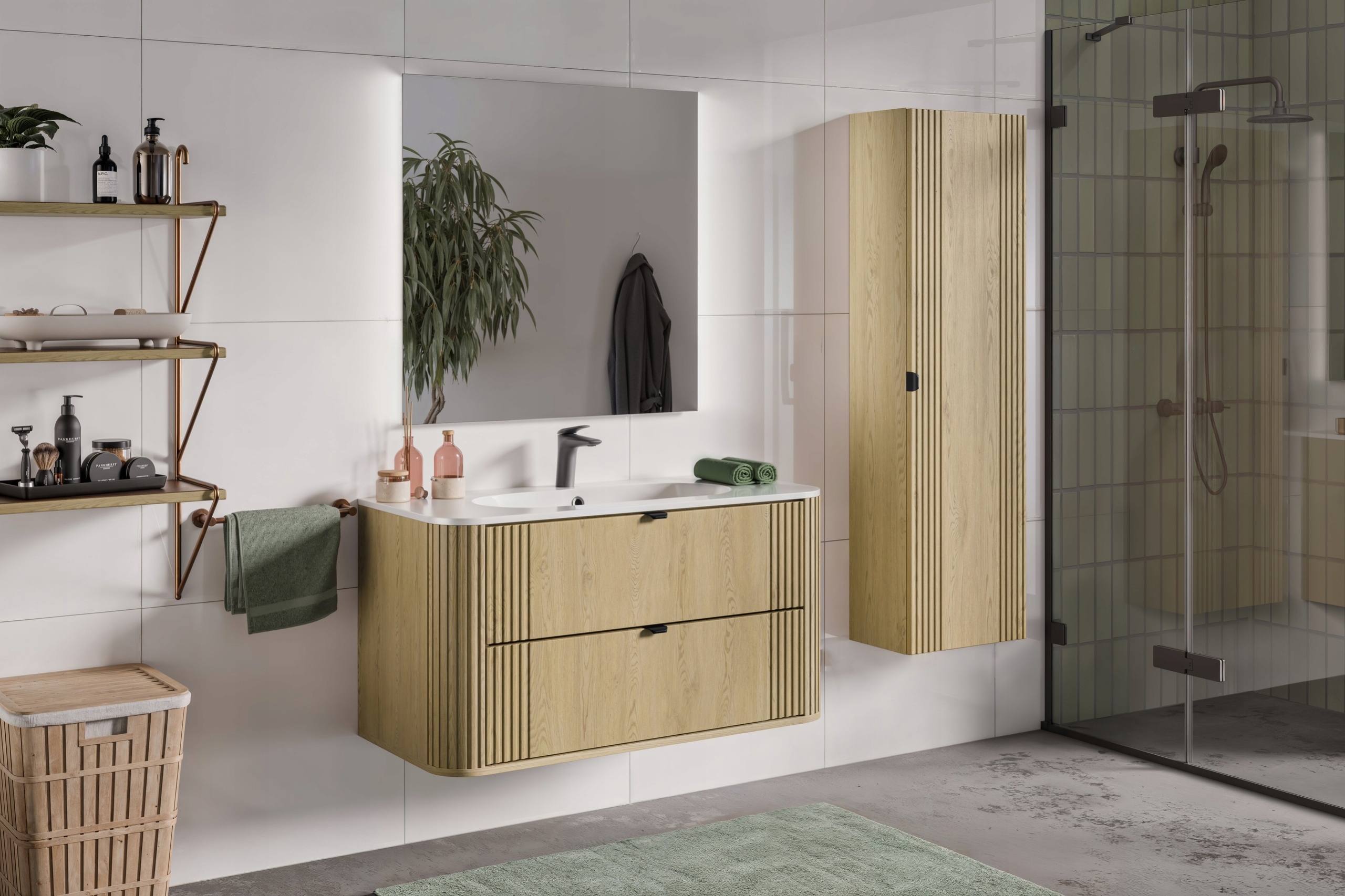 Sada nábytku 100 cm s nábytkovým umyvadlem Pure a vysokou skříňkou