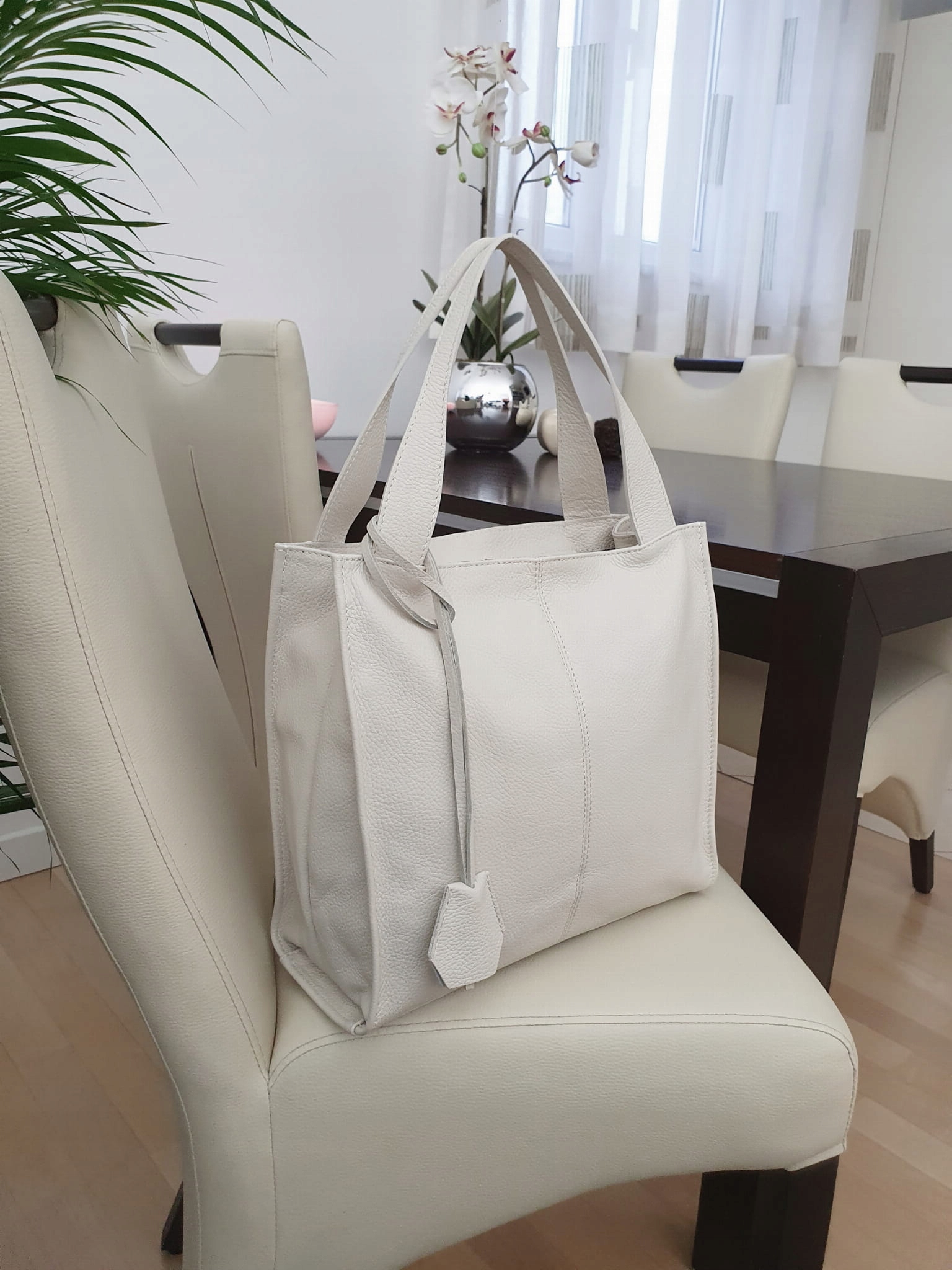 VERA PELLE torebka damska skórzana shopper klasyczna na ramię KREMOWA Model V074