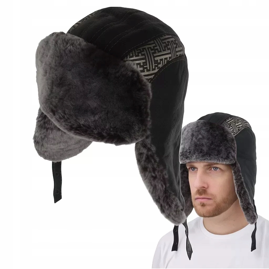 Pánská kožená pilotka W523A černá zimní šála s kožešinou Polar Fashion