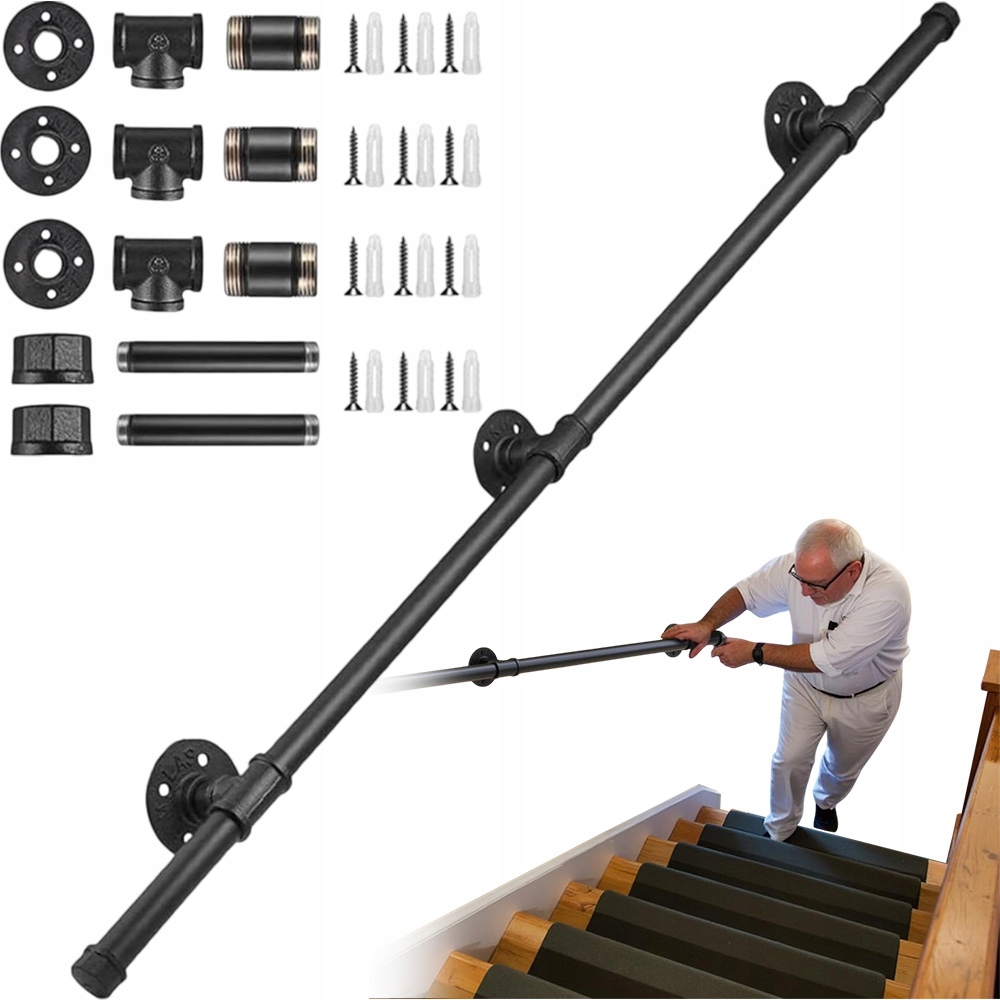 Nástěnný Držák Na Schodiště Zábradlí 32 X 150 CM Černý S Akcesoria
