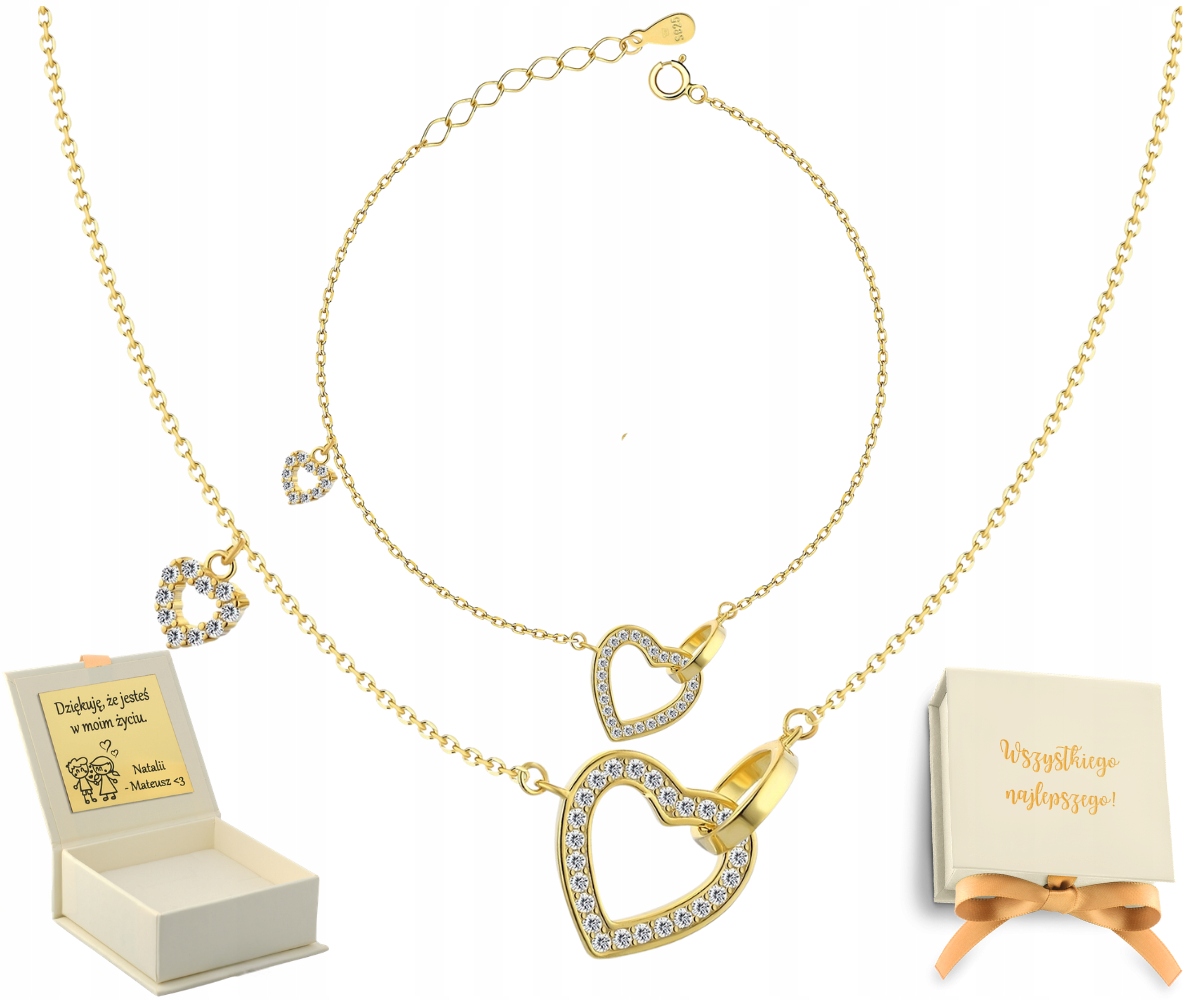 Set Náramek Náhrdelník Pozlacené Srdce Zirkony