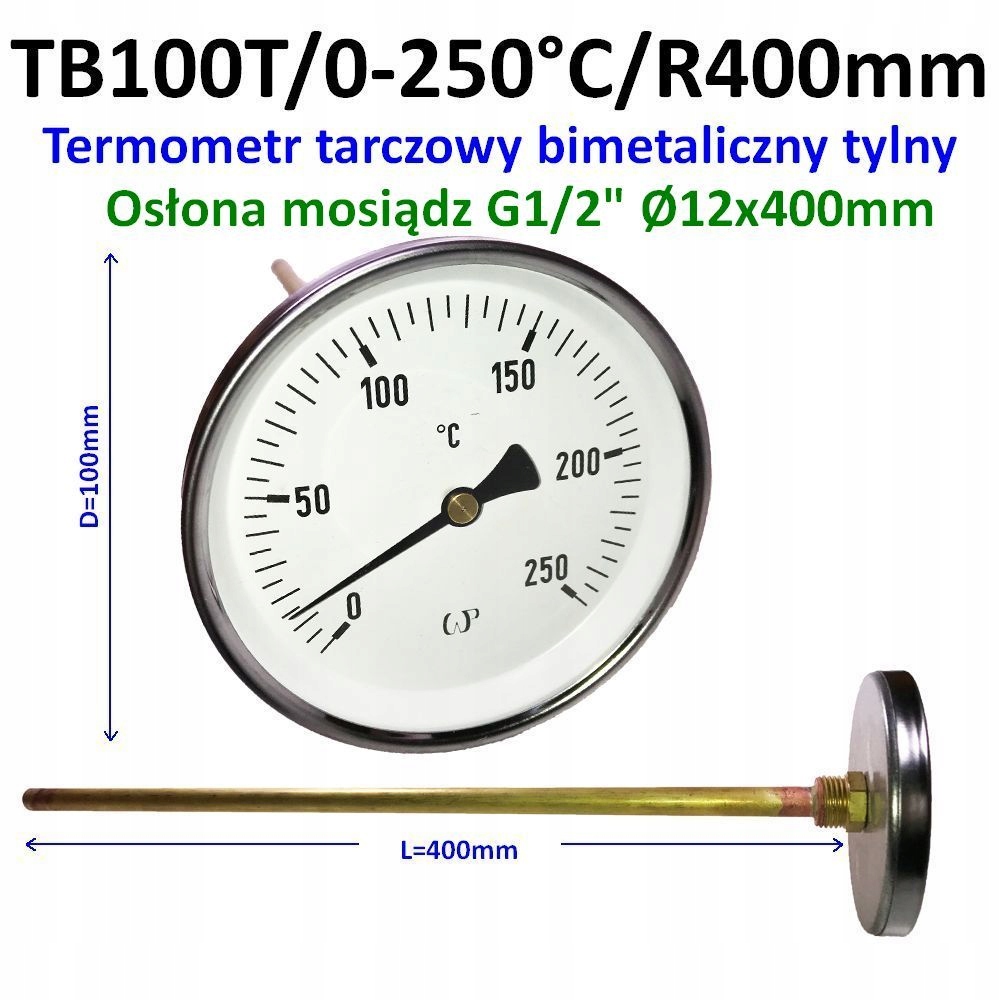 Zadní bimetalový teploměr TB100T/0-250°C mosazný kryt 12x400 mm G1/2"
