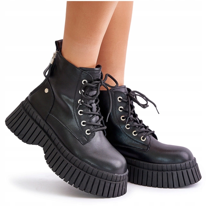 Kotníkové Boty Trapery Zateplené Kůží Masivní Platforma Goe OO2N4126 Černé 37