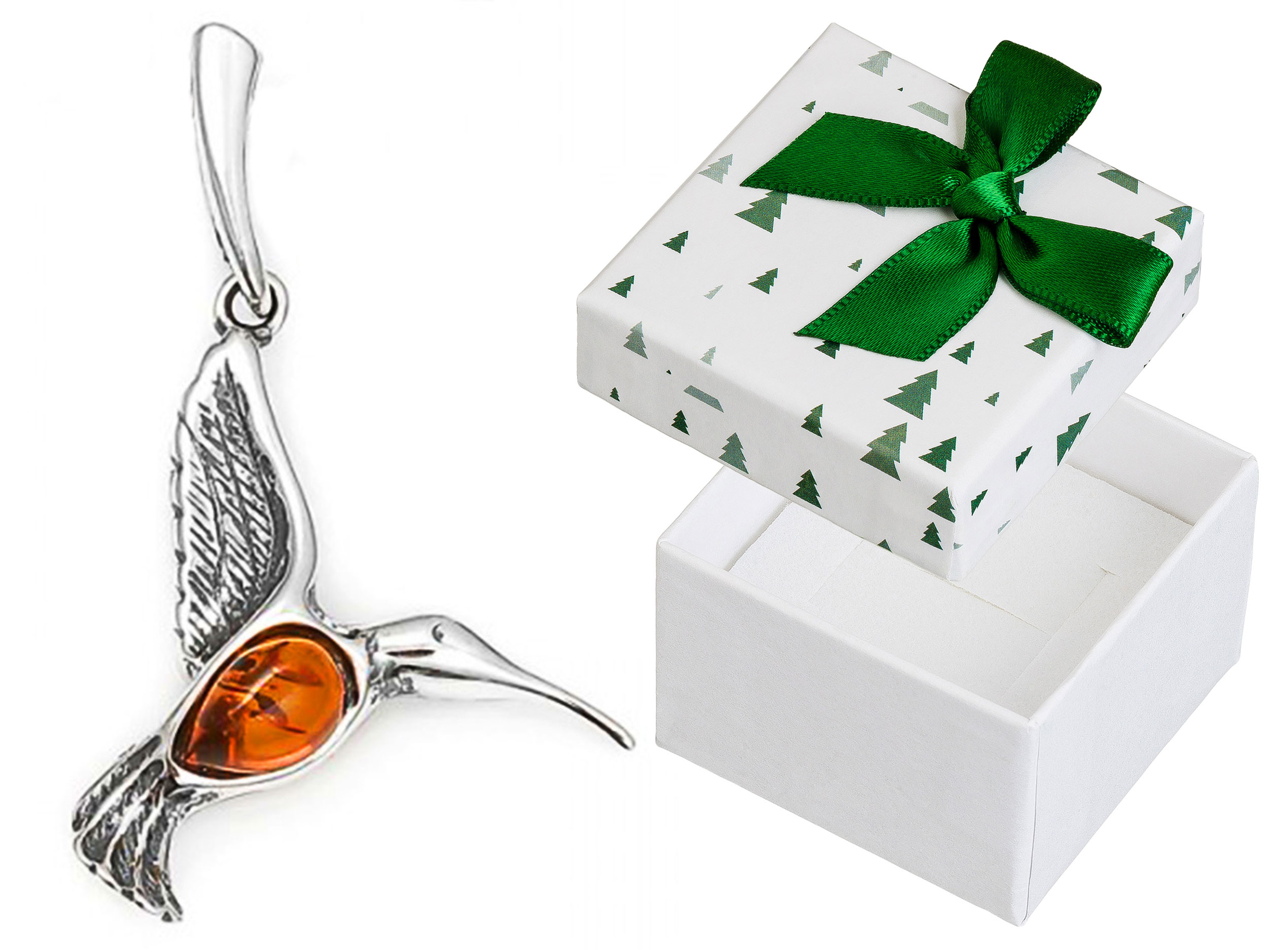 Stříbrný přívěsek Pták s jantarem Dámský Oxidovaný Přívěsek Kolibřík 925