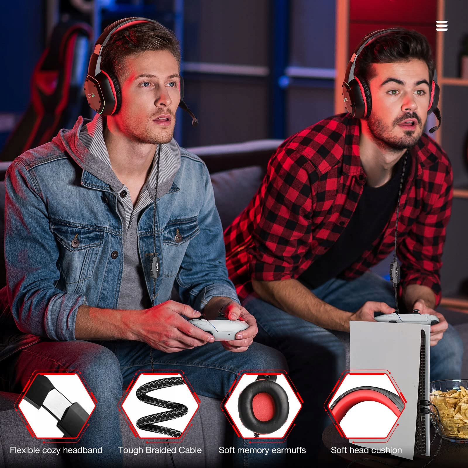 EKSA Słuchawki Gamingowe z Mikrofonem 71 Surround RGB dla PC PS4 PS5 Laptop — miniatura 8