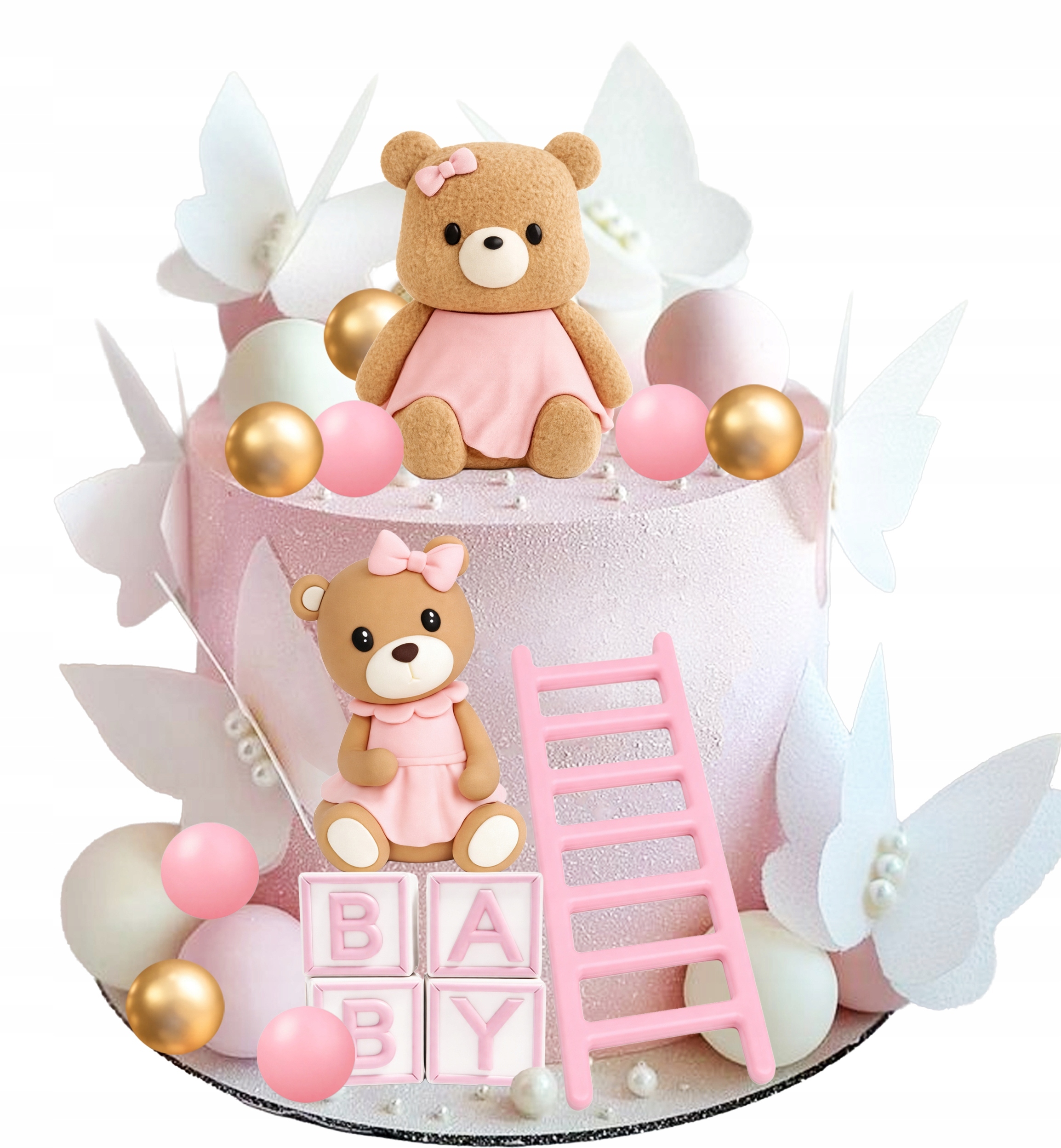 Sada dekorací na dort – Medvídek, koule, narozeniny nápis Baby Roček křest